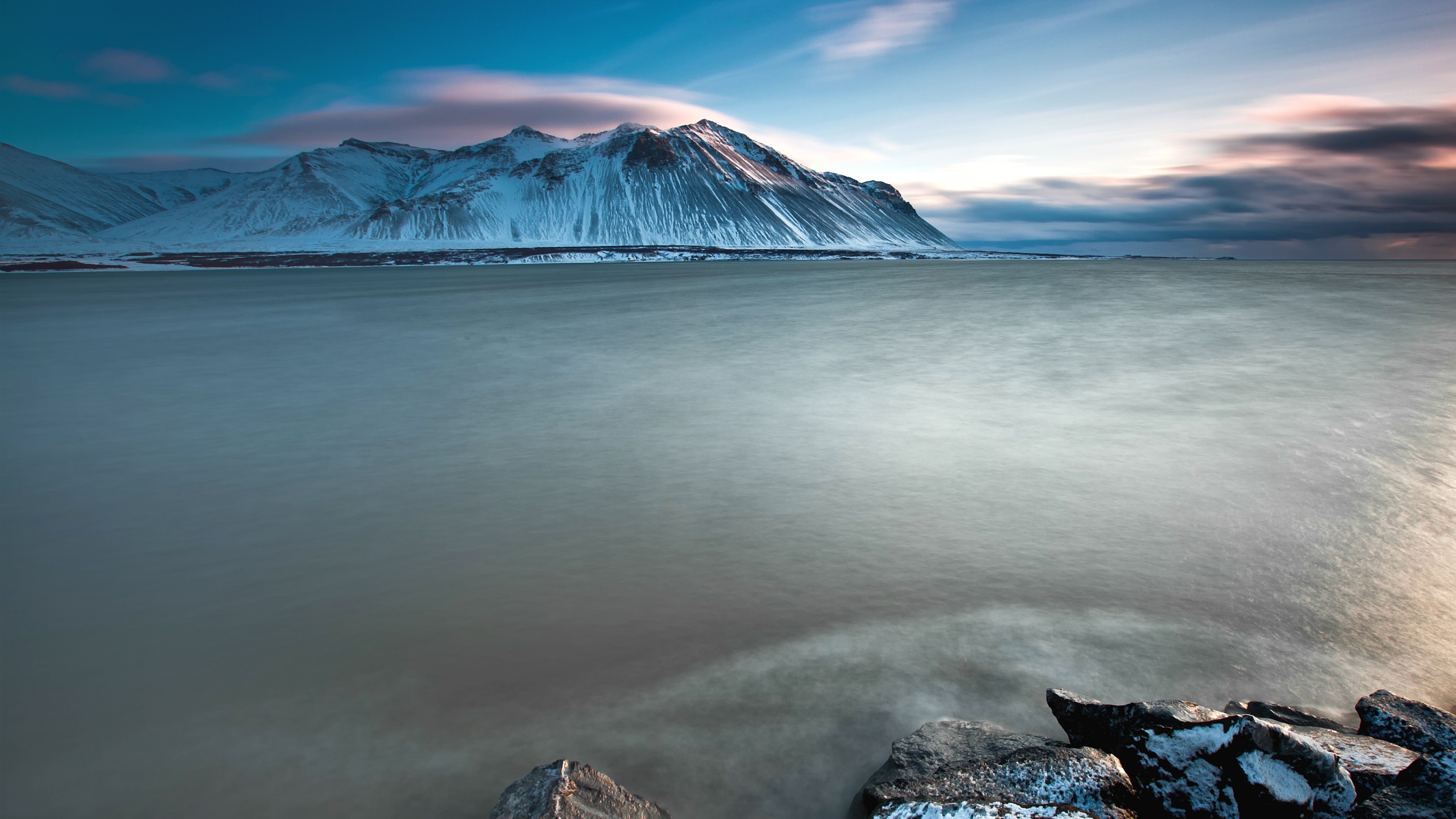 Islanda, Montagne innevate, Fiordo, Lunga esposizione, 16:9 4K, wallpaper widescreen