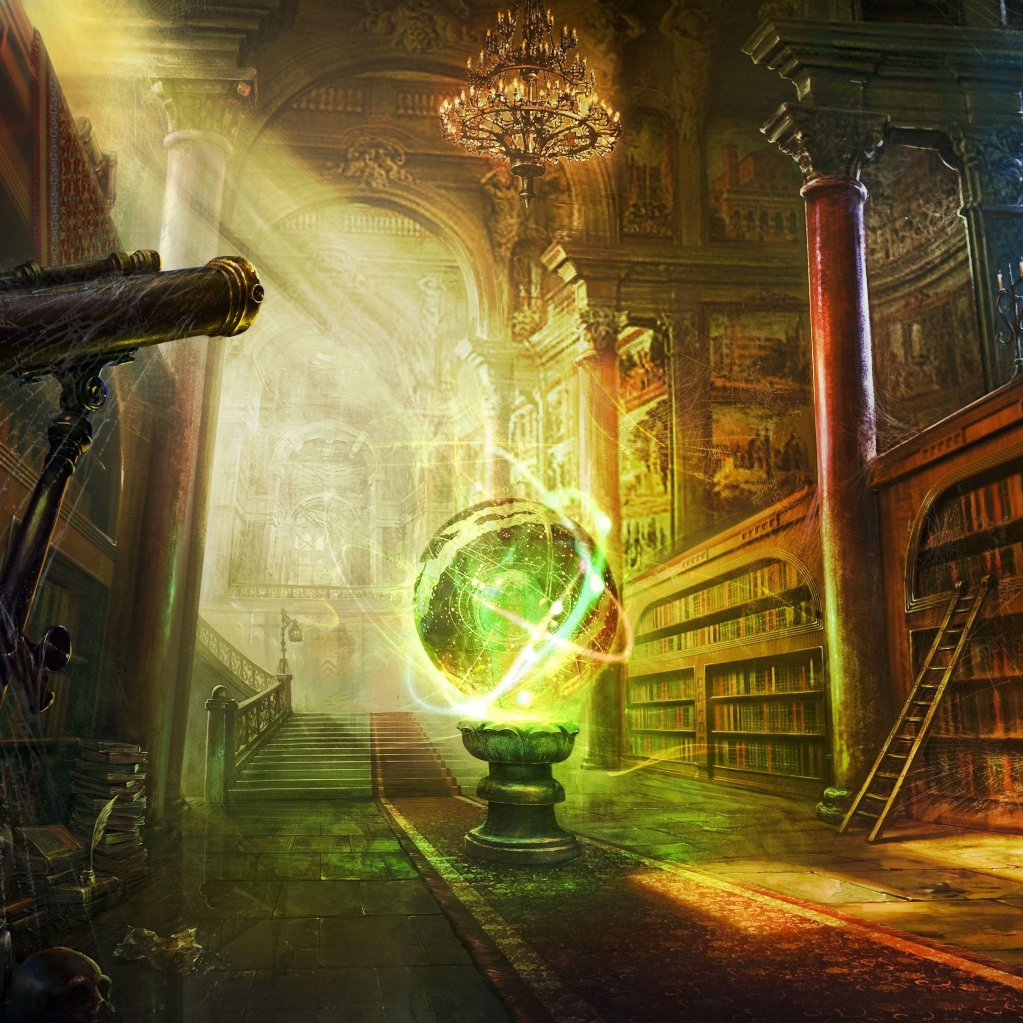 Biblioteca magica, Sfera luminosa, Telescopio, Fantasy, Verde, sfondo per iPad e tablet