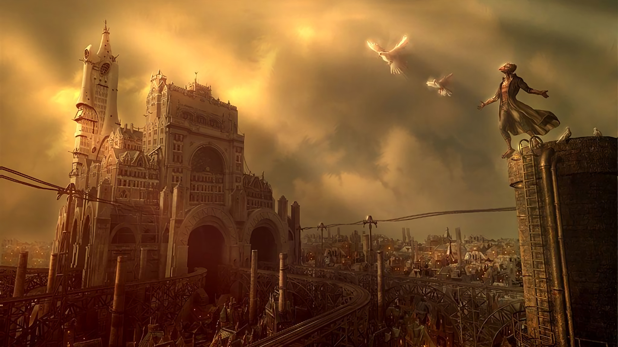 Cattedrale, Città fantasy, Tramonto, Arte digitale, 16:9 Full HD, wallpaper widescreen