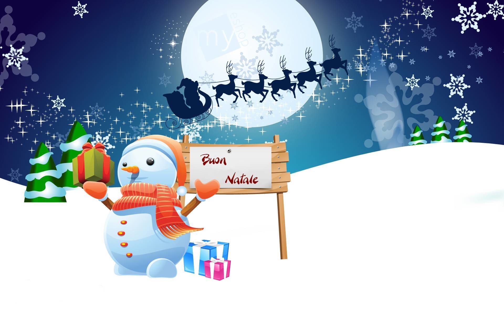 Pupazzo di neve, Buon Natale, Babbo Natale, Renne, Luna, 1920x1200, immagine di sfondo