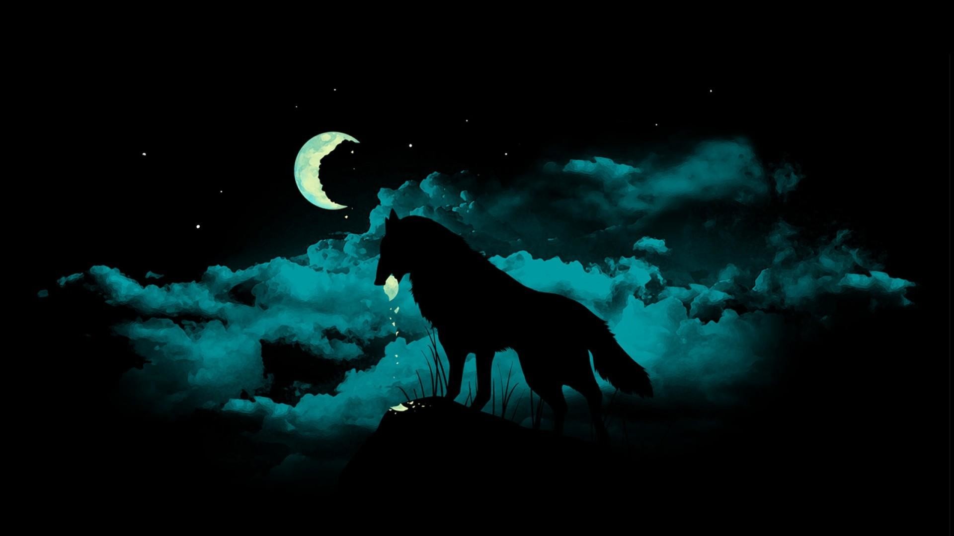 Lupo, Silhouette, Luna crescente, Nuvole, Notte, Full HD, sfondo per PC