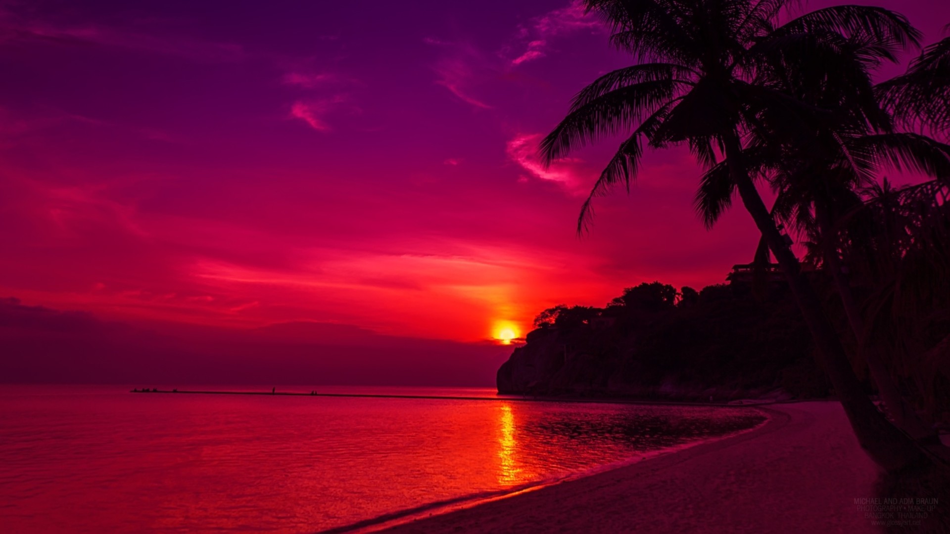 Tramonto, Spiaggia, Palme, Cielo rosso, Full HD, sfondo desktop
