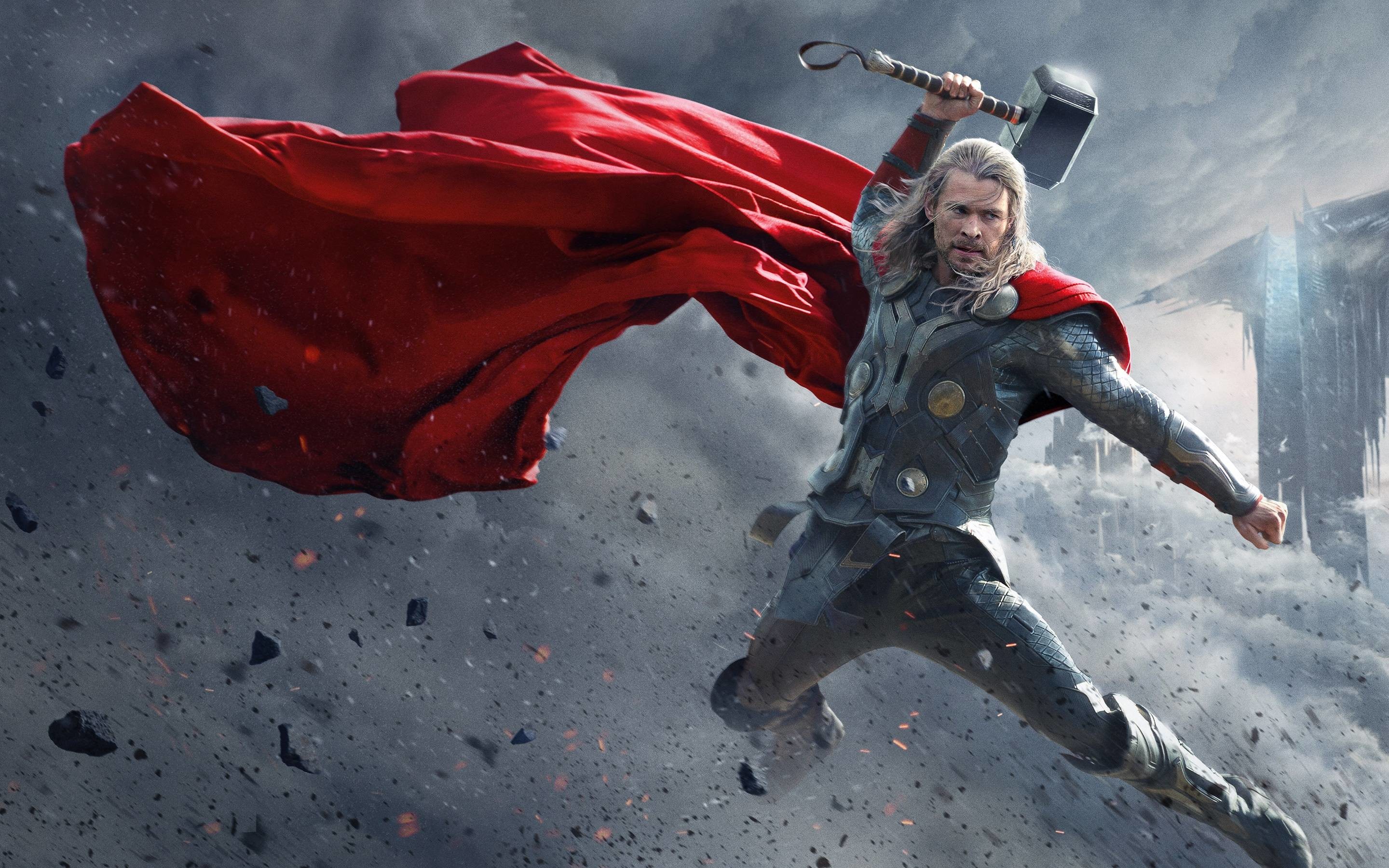 Thor, Chris Hemsworth, Thor: The Dark World, Mjolnir, Mantello rosso, wallpaper desktop 2K