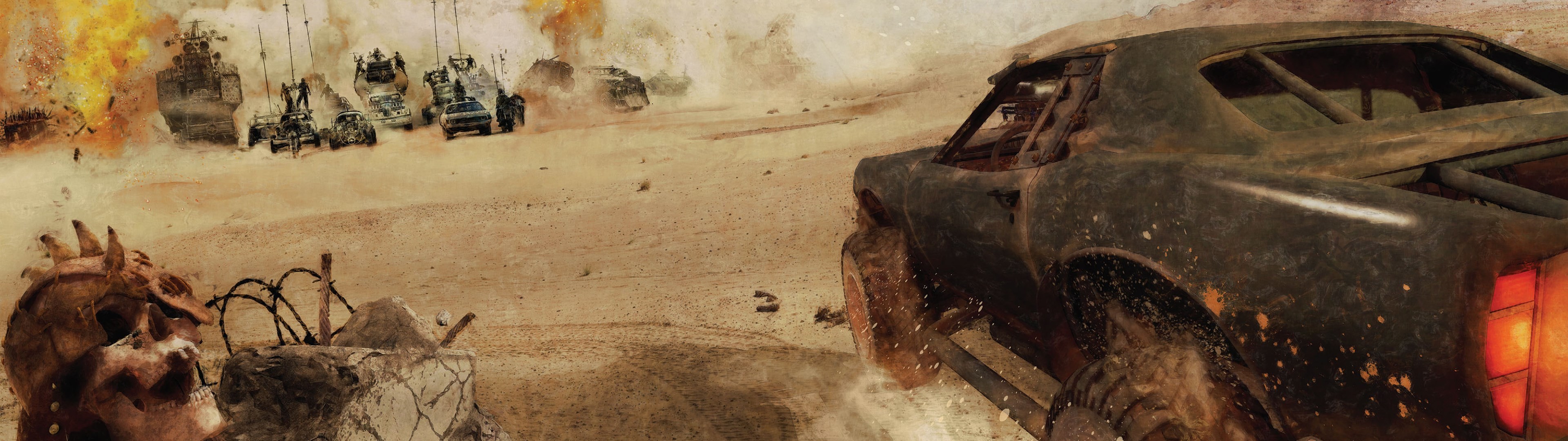 Mad Max: Fury Road, Inseguimento, Auto, Deserto, 3840x1080, sfondo per PC