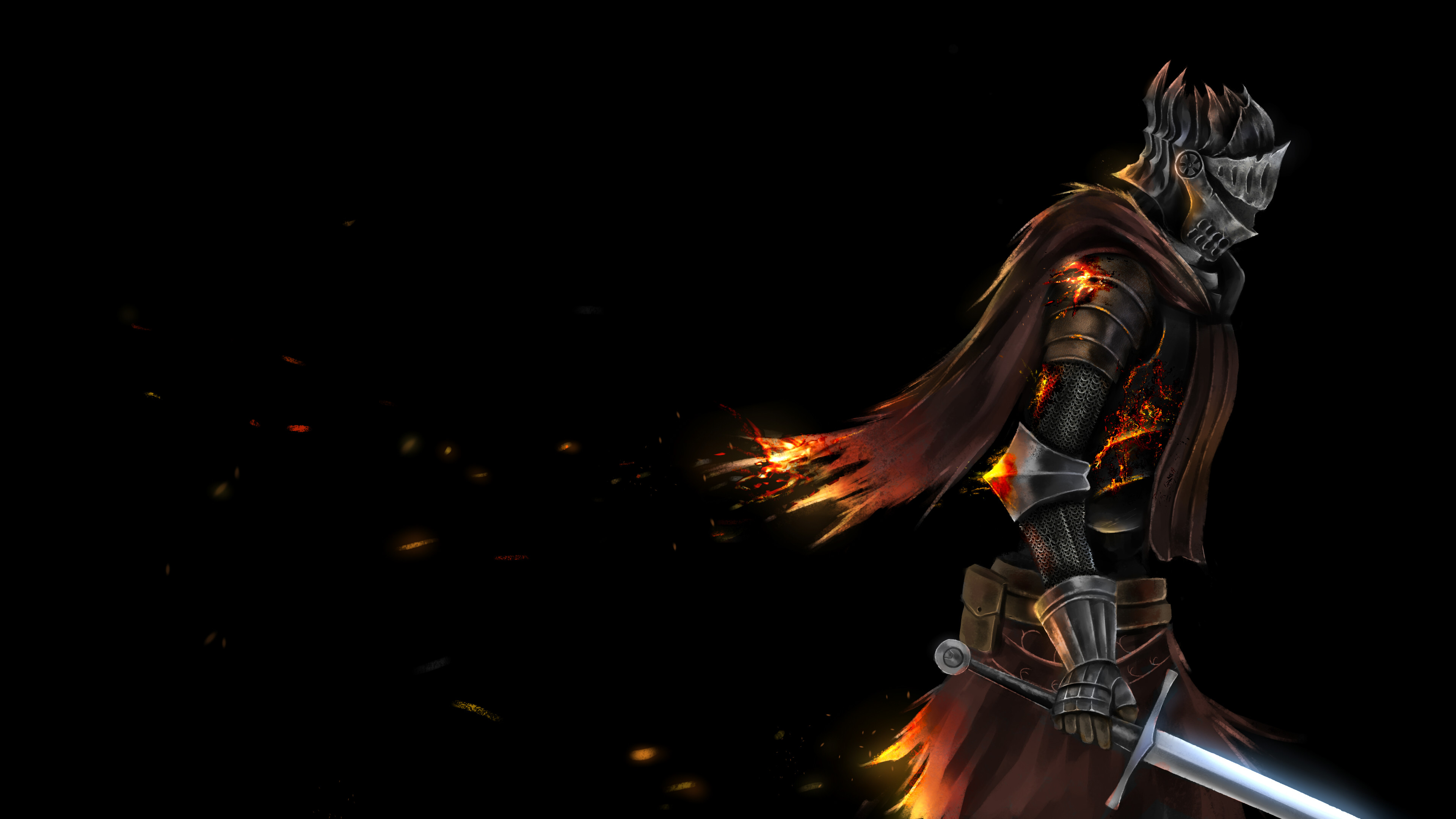 Anima dei Tizzoni, Dark Souls III, Braci, Spada, Sfondo nero, 3840x2160, wallpaper desktop
