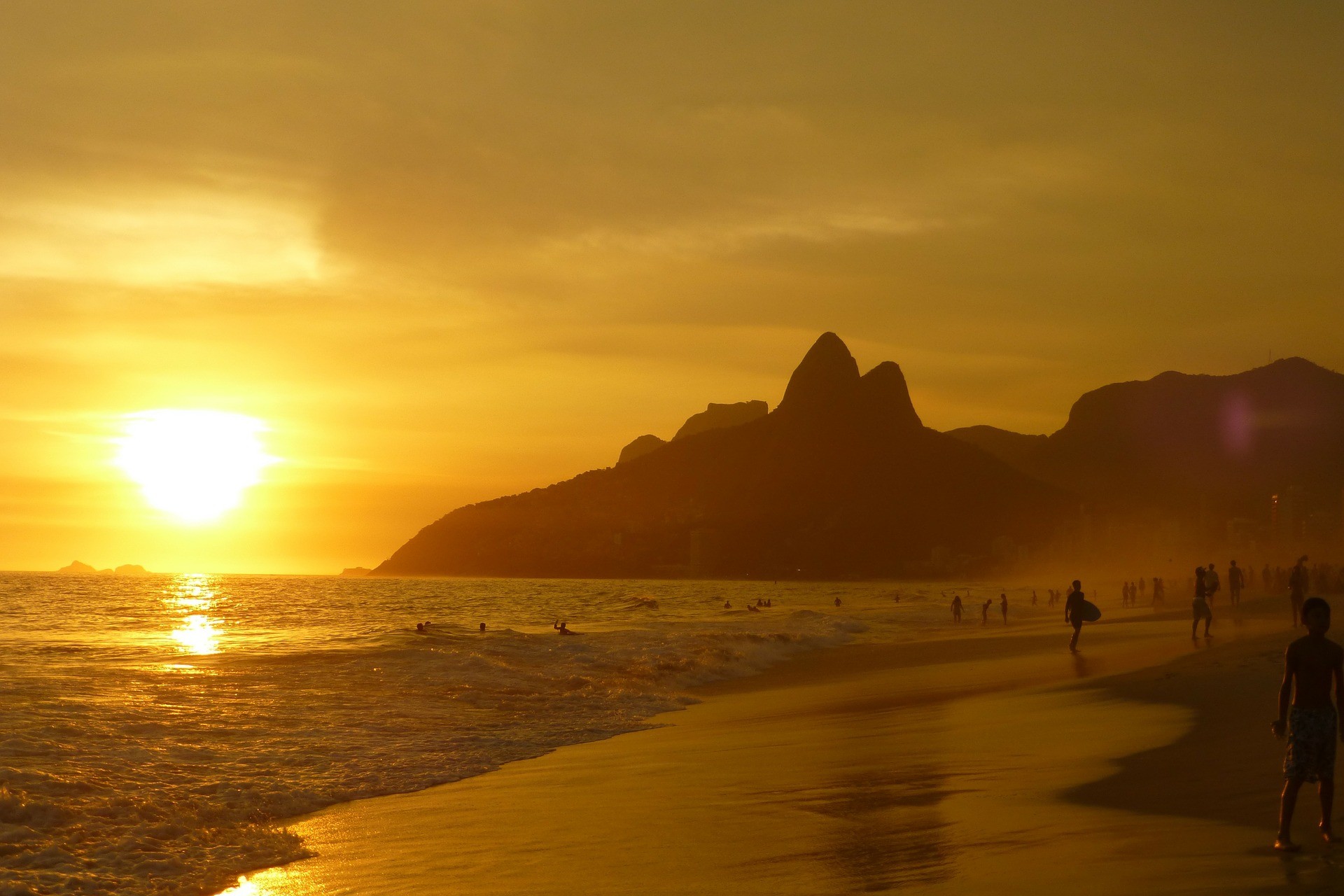 Ipanema, Morro Dois Irmãos, Rio de Janeiro, Tramonto, Spiaggia, Full HD, sfondo per PC