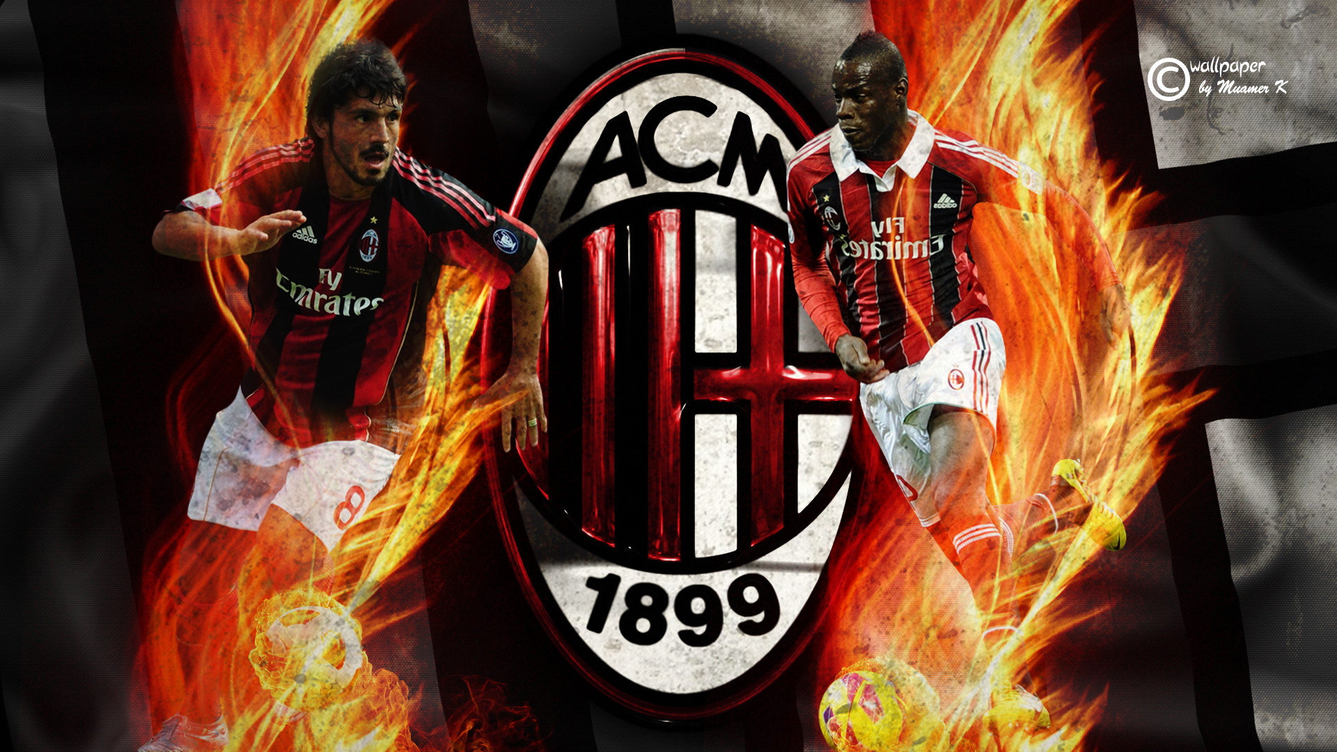 Gennaro Gattuso, AC Milan, Stemma AC Milan, Fuoco, Calciatori, 1920x1080, wallpaper desktop