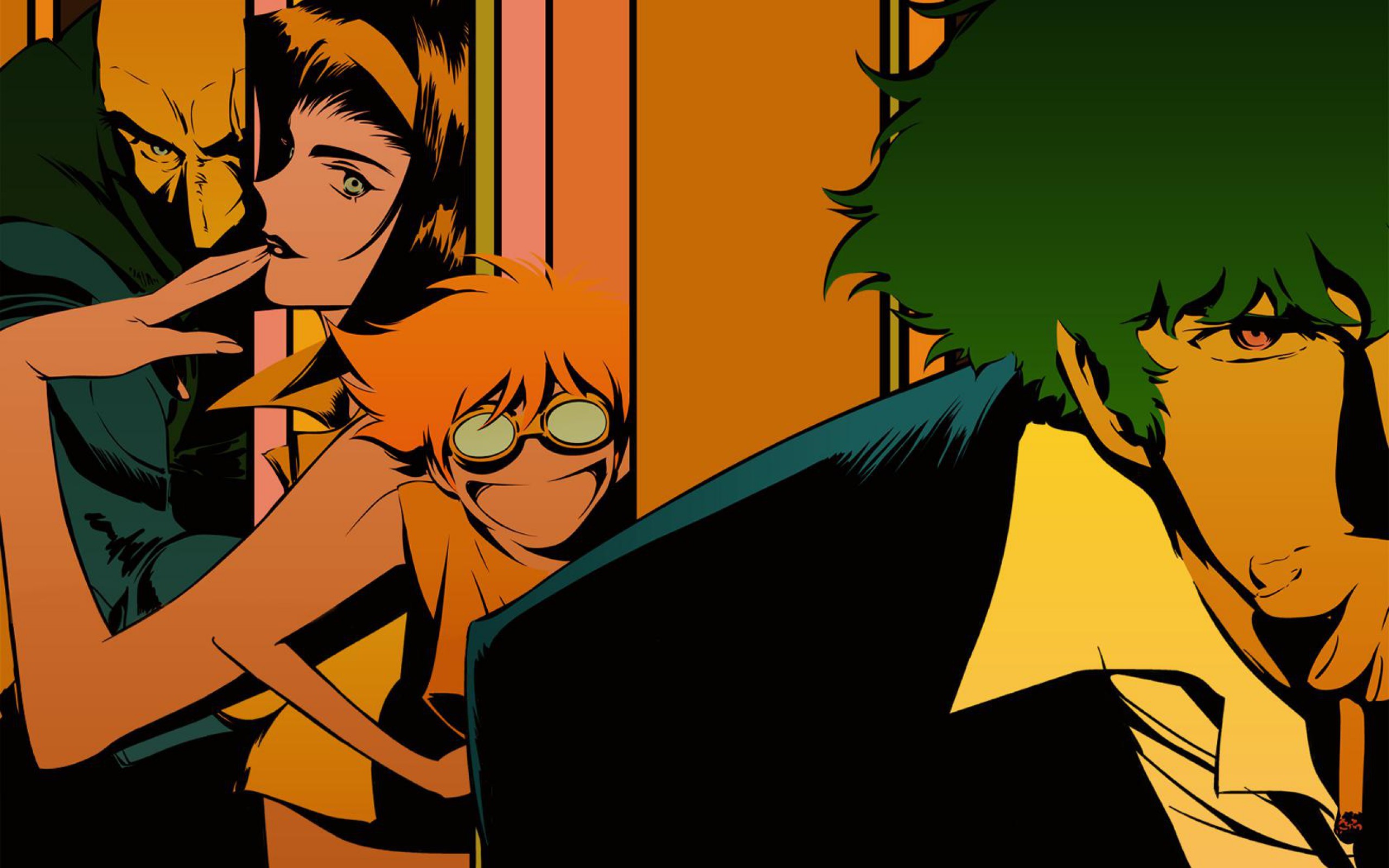 Spike Spiegel, Faye Valentine, Ed, Jet Black, Cowboy Bebop, Arancione, sfondo widescreen 2K