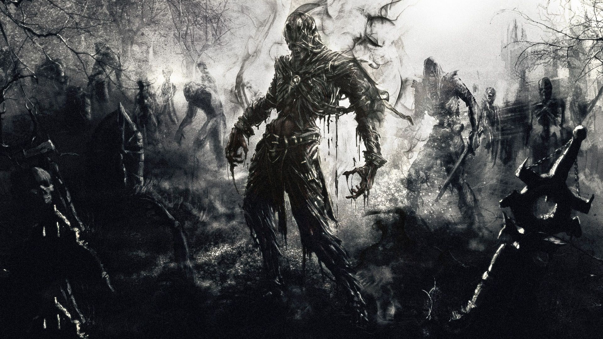 Zombie, Orda, Bianco e nero, Illustrazione, 1920x1080, sfondo per PC