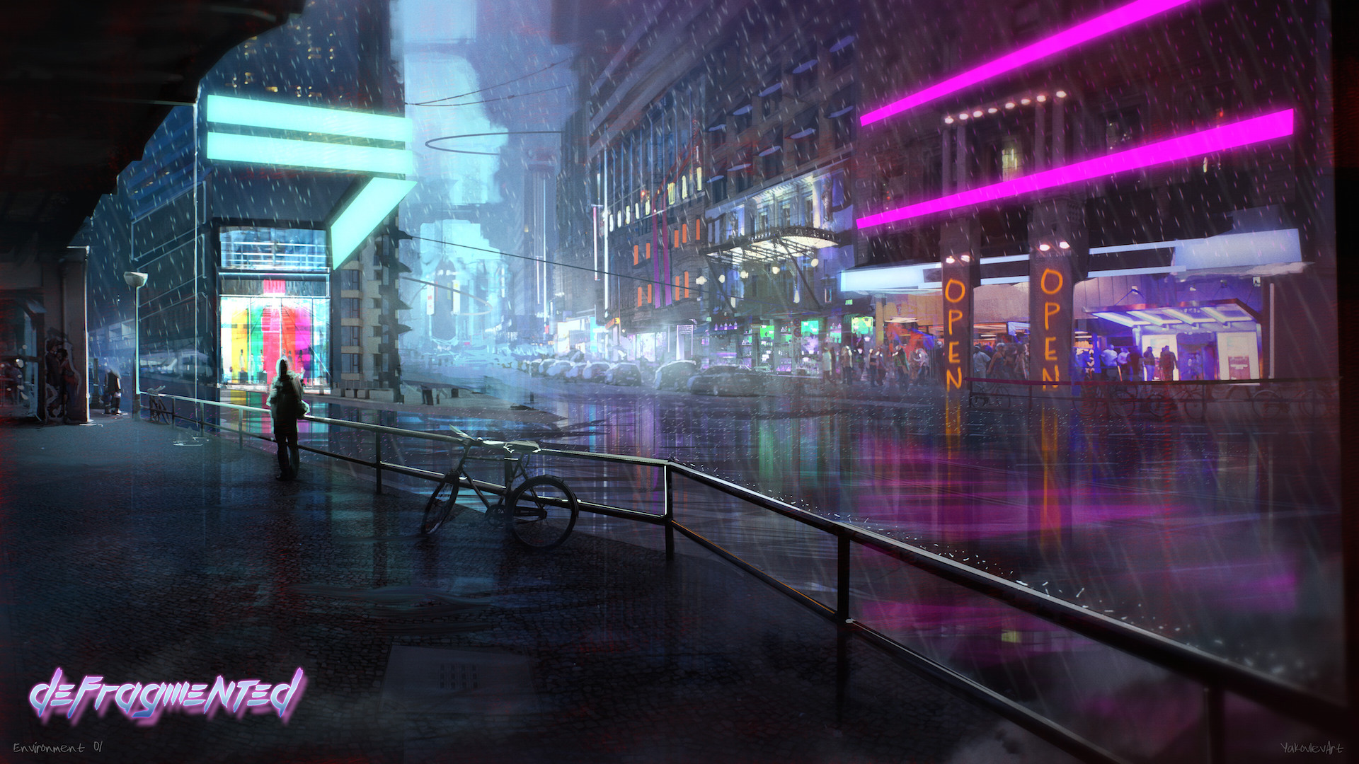 Strada cyberpunk, Neon rosa, Notte, Pioggia, Full HD, wallpaper per PC