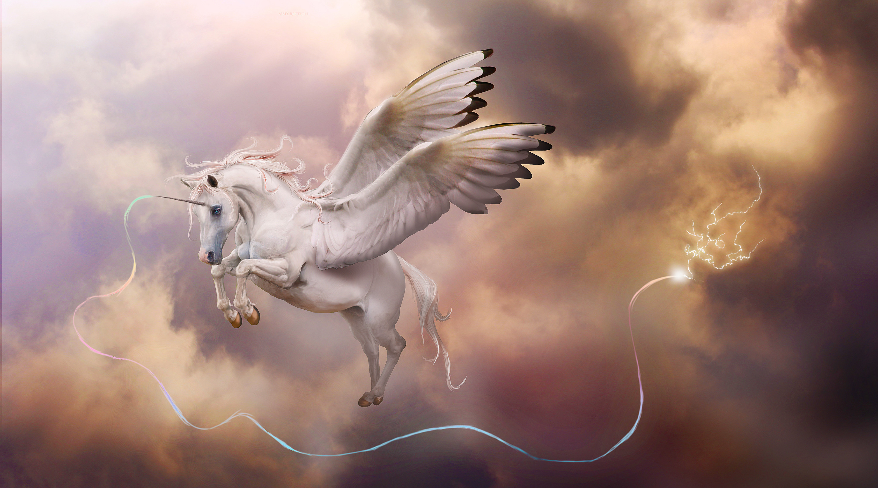 Pegaso, Unicorno alato, Nuvole, Fantasy, Bianco, Magia, 2K, sfondo desktop