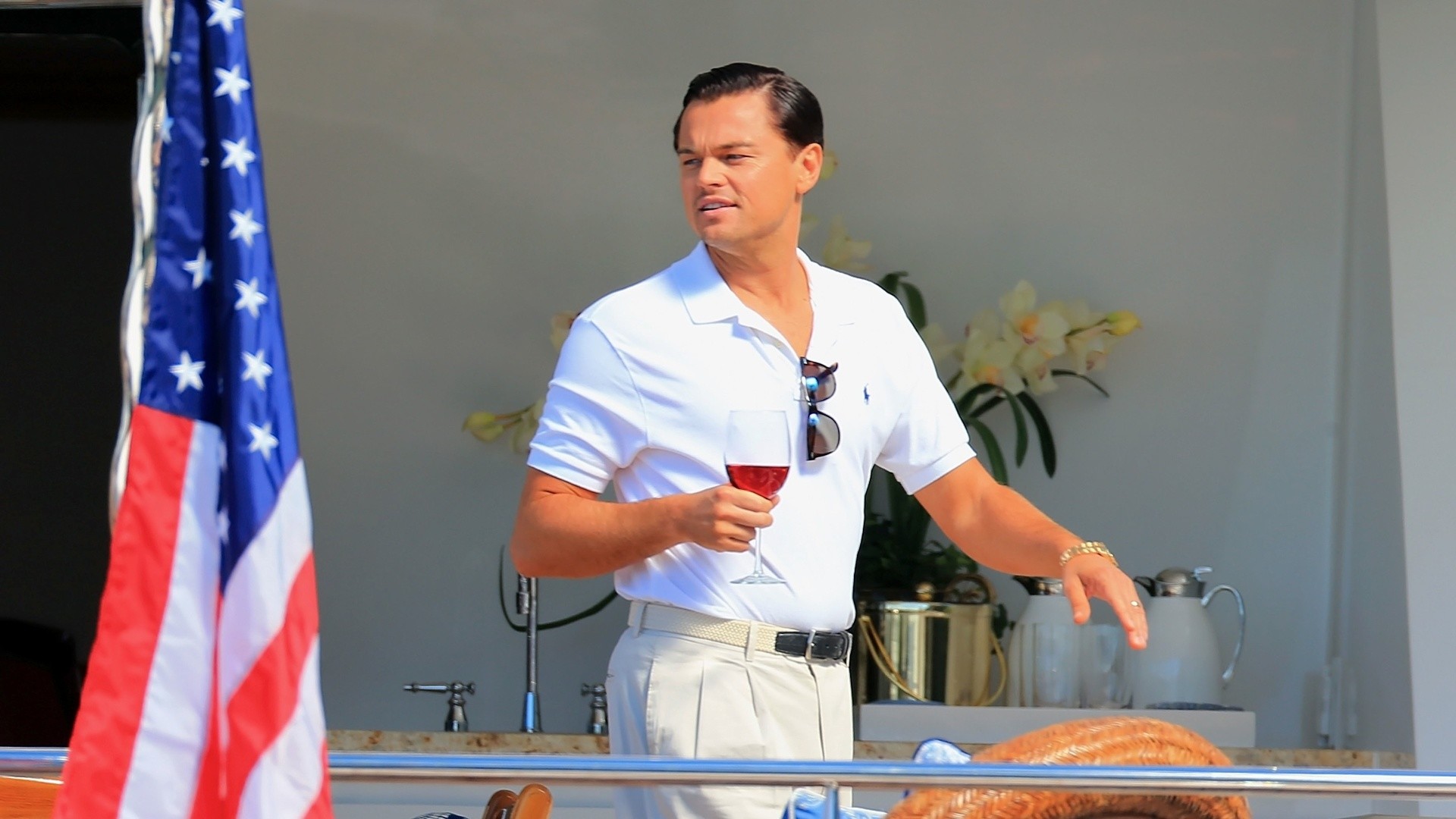 Leonardo DiCaprio, Jordan Belfort, The Wolf of Wall Street, Bandiera americana, sfondo 1080p