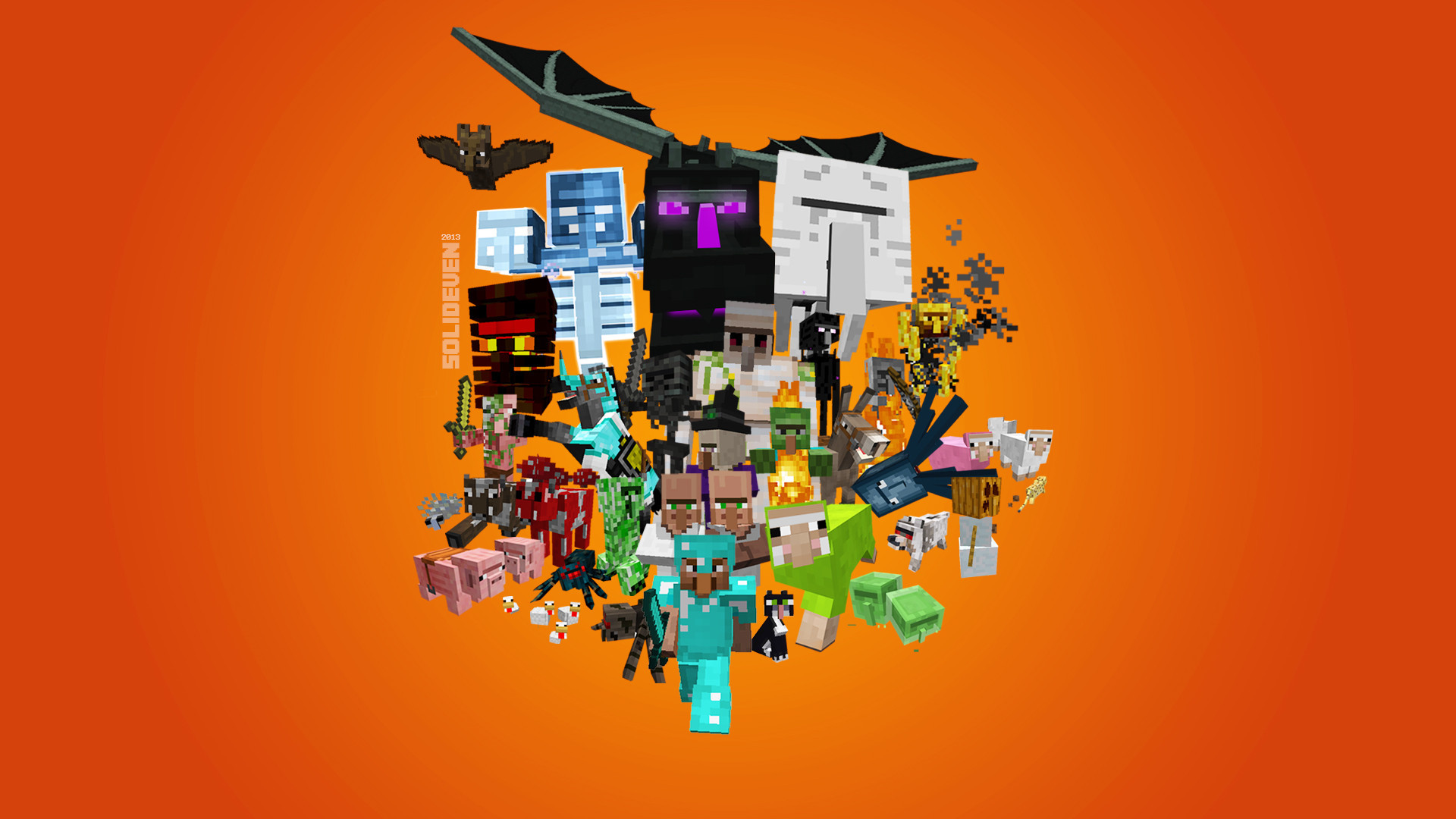 Minecraft, Mob, Enderman, Ender Dragon, Sfondo arancione, Full HD, wallpaper desktop