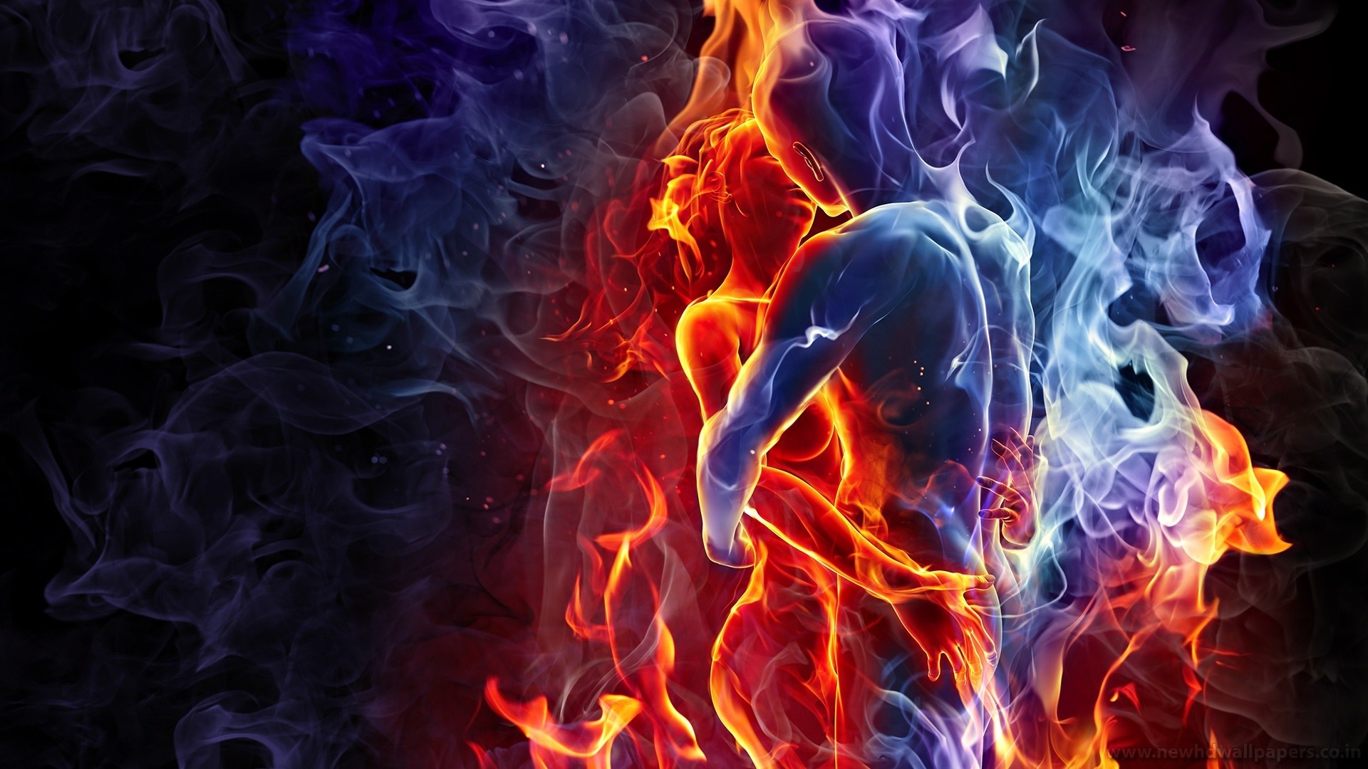 Fuoco e ghiaccio, Fiamme, Figura umana, Arte digitale, Full HD, sfondo per PC