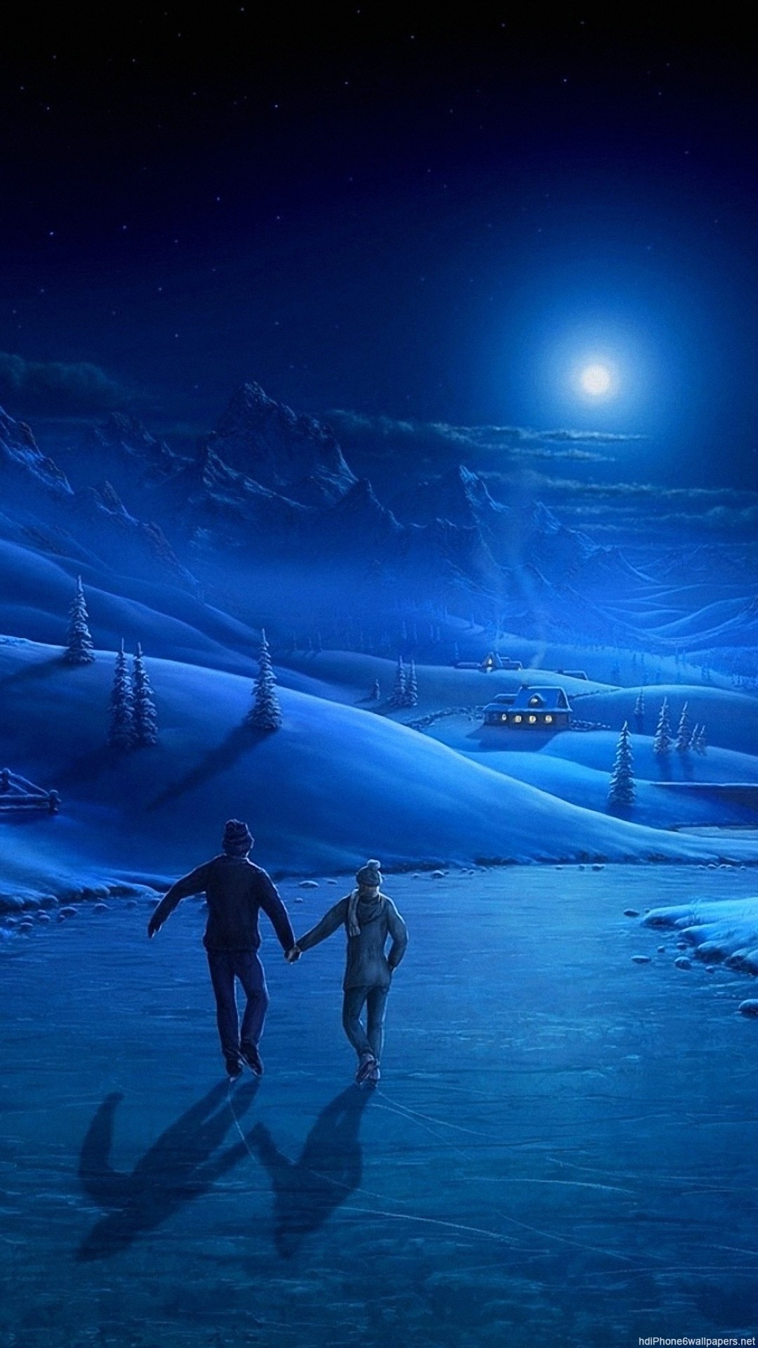 Coppia, Neve, Notte, Blu, Stella, sfondo iPhone 6 Full HD