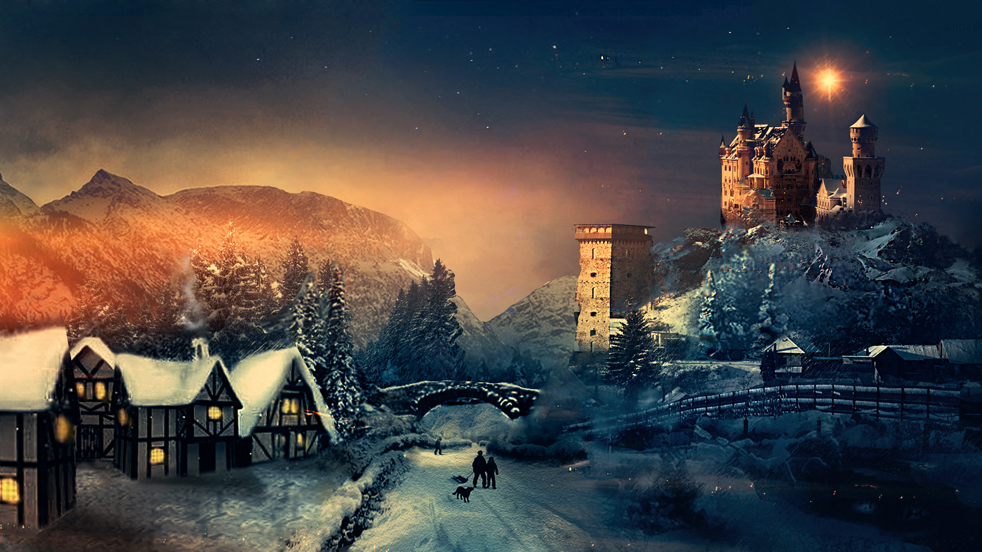 Natale, Villaggio innevato, Castello, Tramonto, Paesaggio invernale, sfondo widescreen Full HD