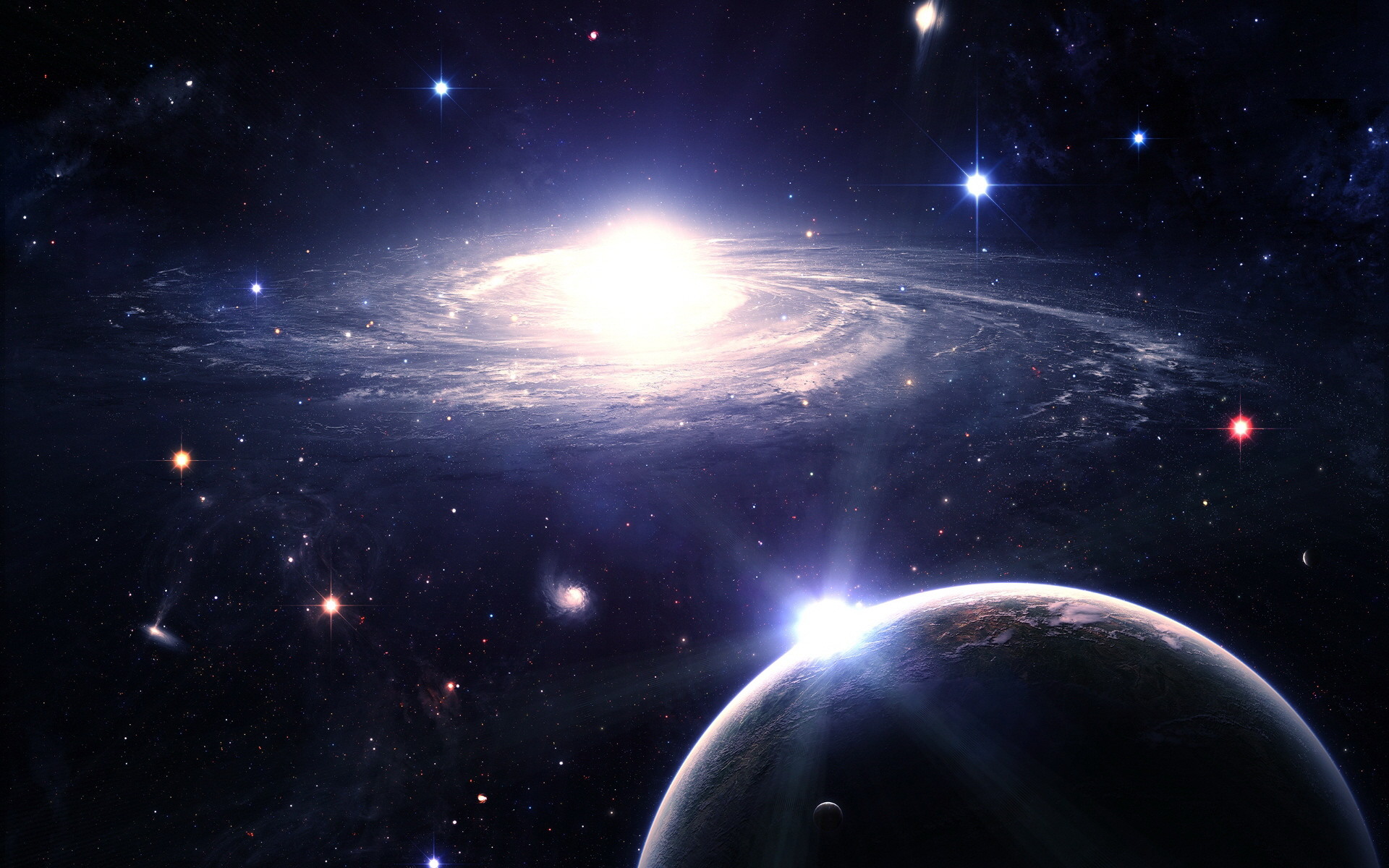 Galassia a spirale, Pianeta, Stelle, Spazio, 16:10 Full HD, sfondo widescreen