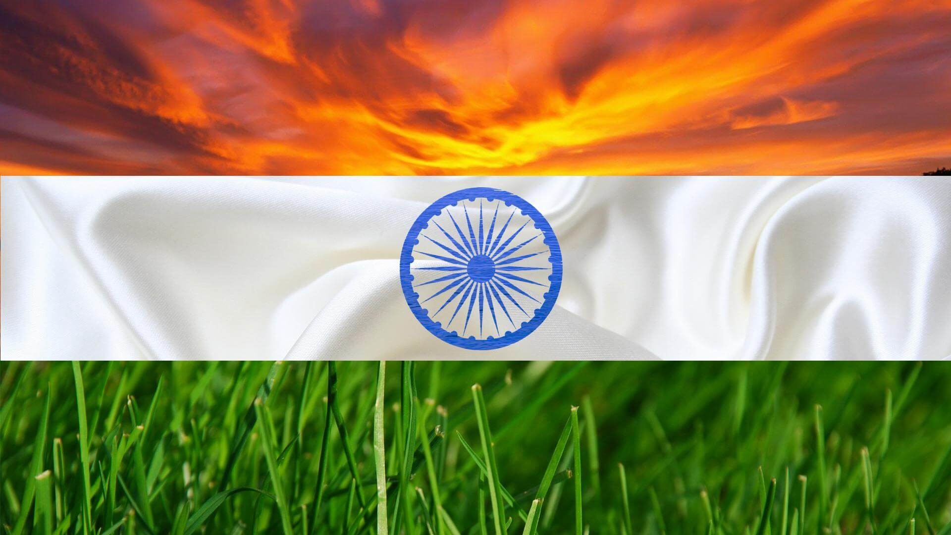 Bandiera dell'India, Ashoka Chakra, Cielo infuocato, Erba, Full HD, sfondo Windows 11