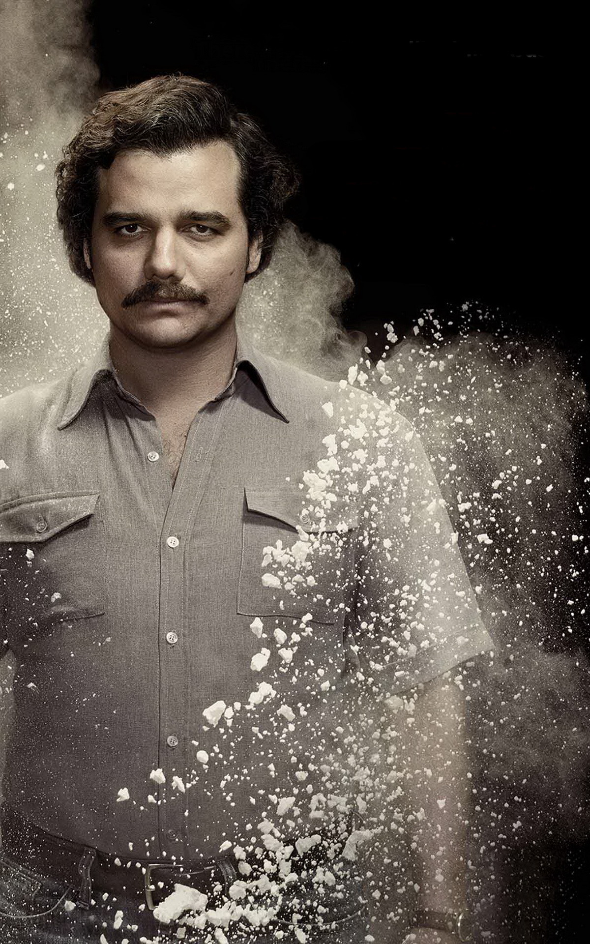 Pablo Escobar, Wagner Moura, Narcos, Polvere, Sfondo nero, Full HD, schermata di blocco del cellulare