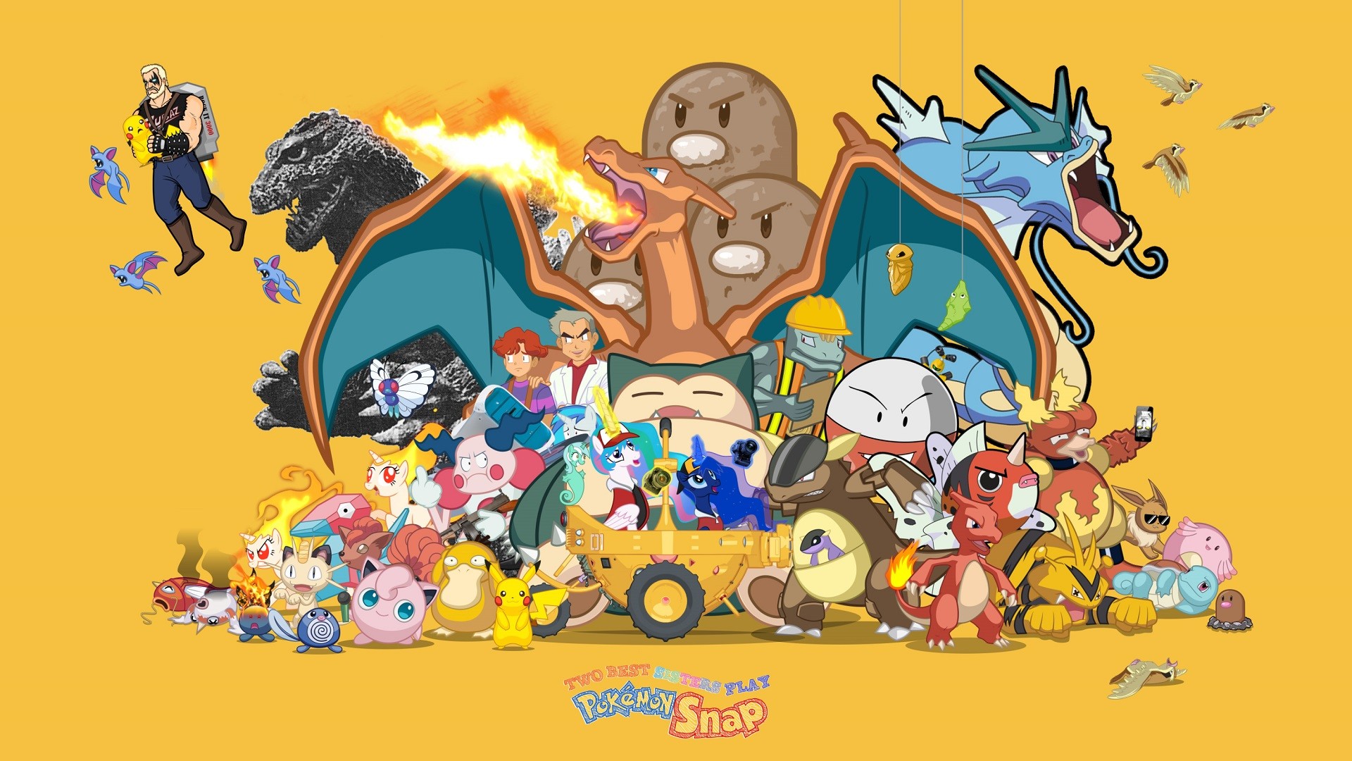 Pokémon Snap, Charizard, Snorlax, Pokémon, Sfondo giallo, Full HD, wallpaper per PC