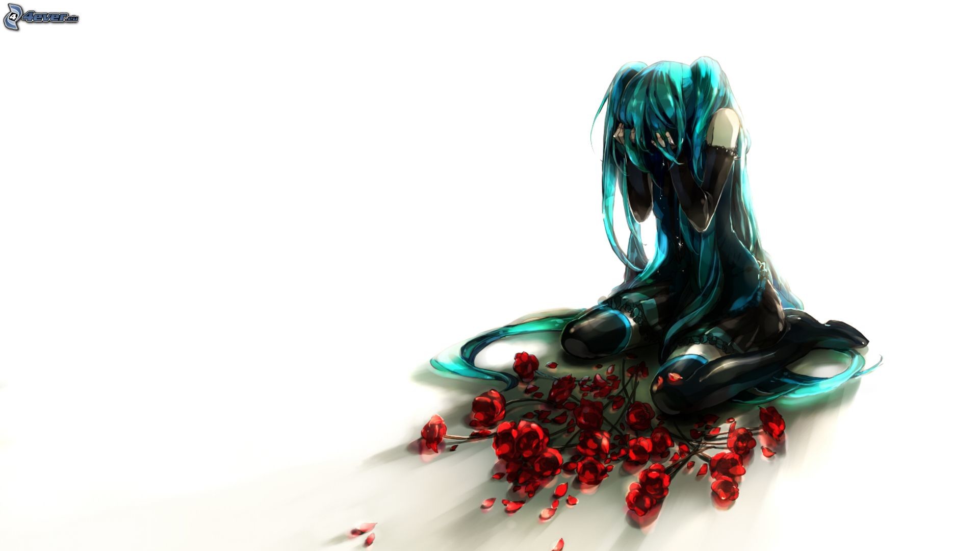 Hatsune Miku, Vocaloid, Rose rosse, Sfondo bianco, 16:9 Full HD, wallpaper widescreen