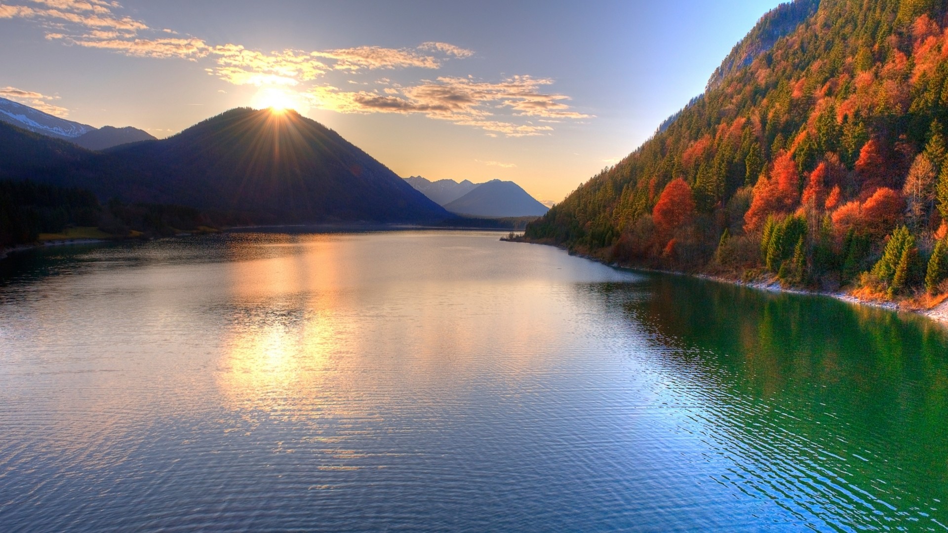 Lago di montagna, Tramonto, Foresta autunnale, Riflesso, Full HD, wallpaper per desktop