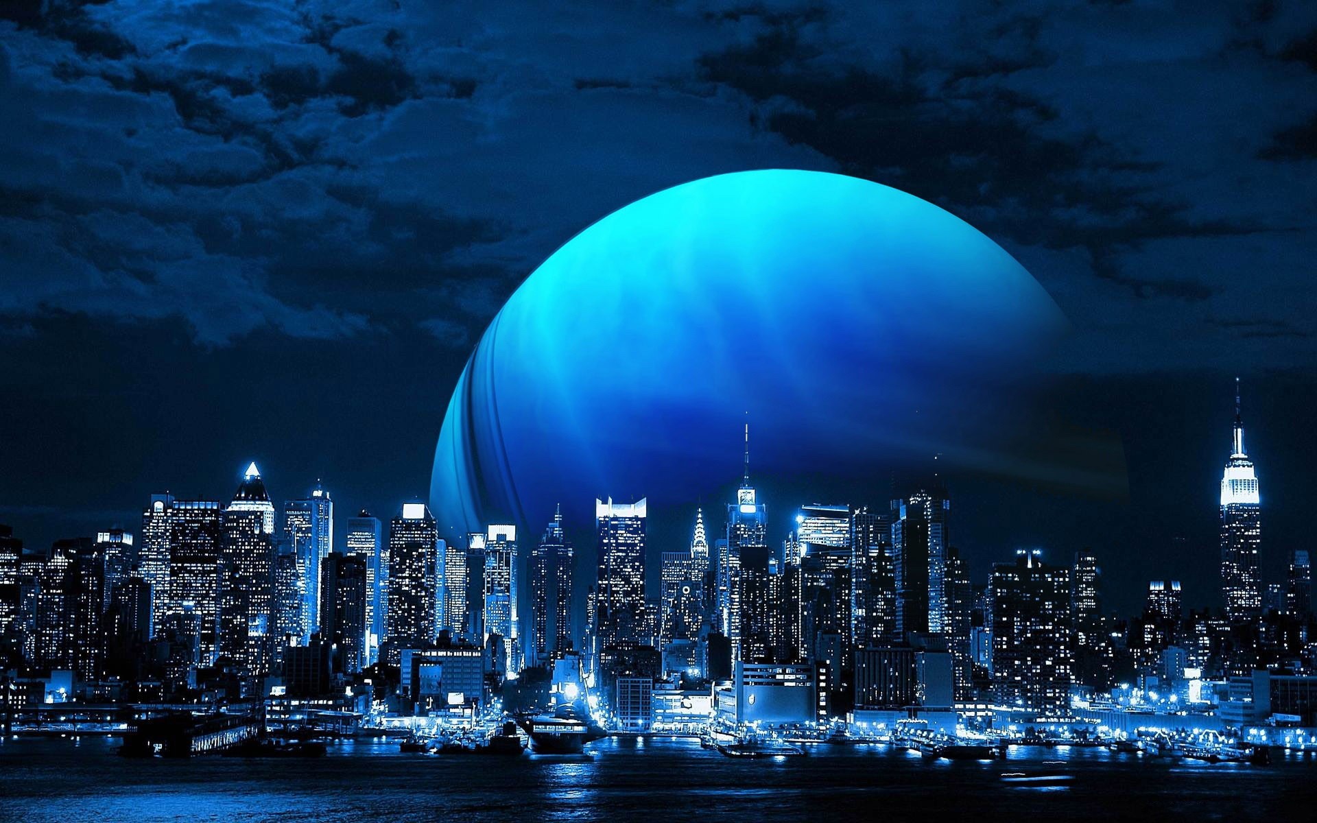 New York, Luna gigante, Skyline, Notte, Blu, Full HD, sfondo per PC e portatile