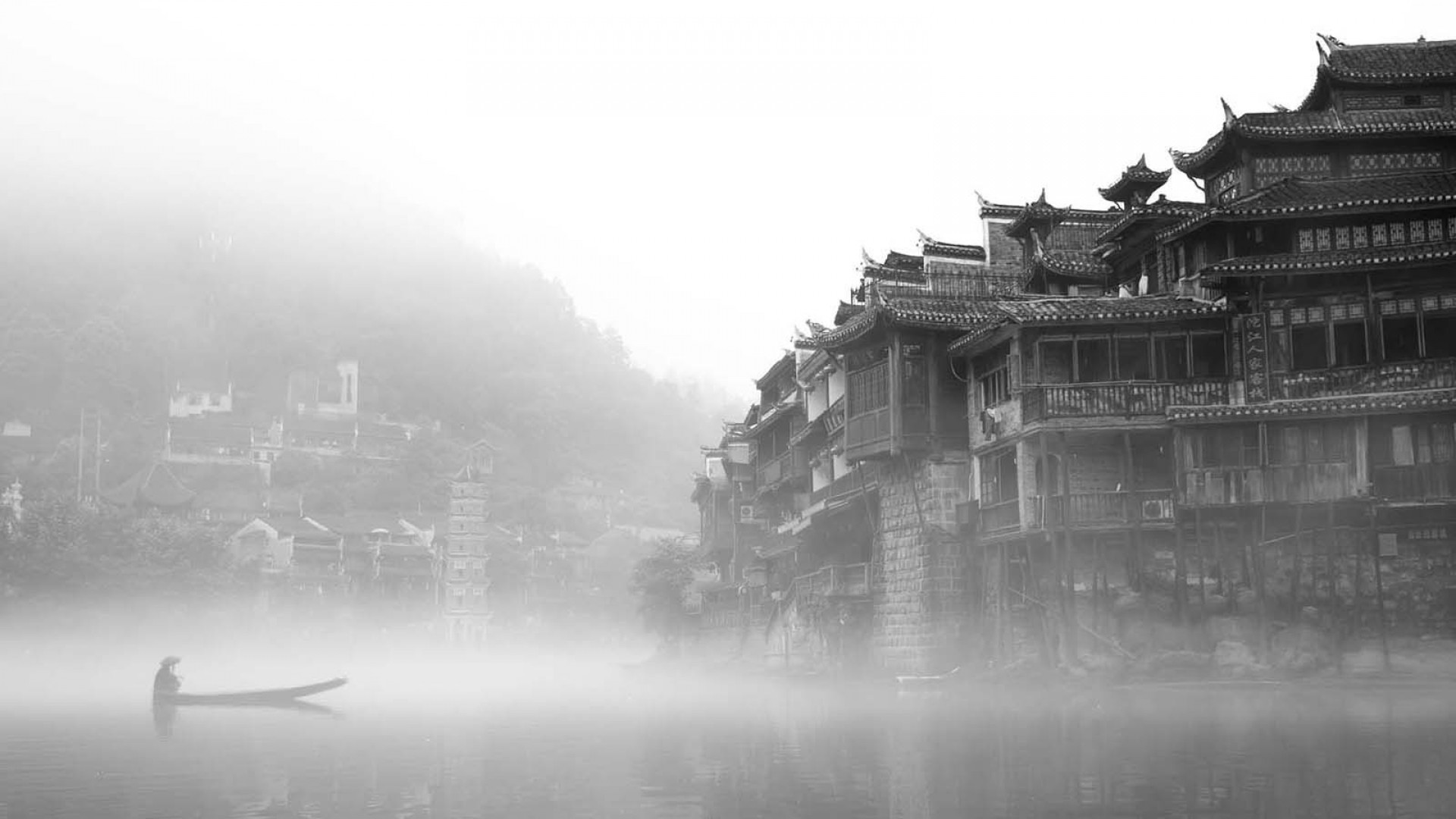 Fenghuang, Cina, Bianco e nero, Nebbia, Fiume, Full HD, sfondo per portatile