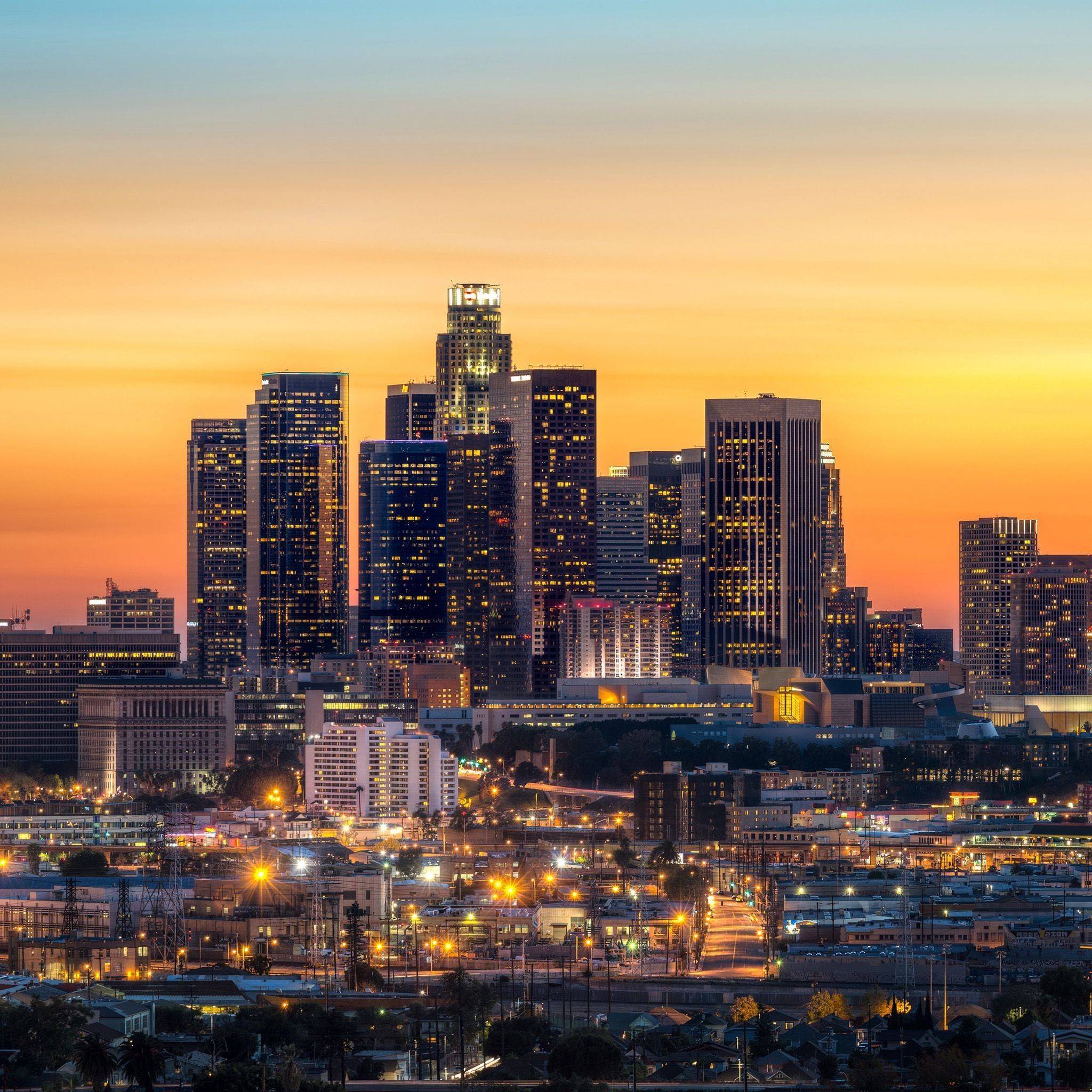 Downtown Los Angeles, Skyline, Tramonto, Grattacieli, Full HD, schermata di blocco iPad