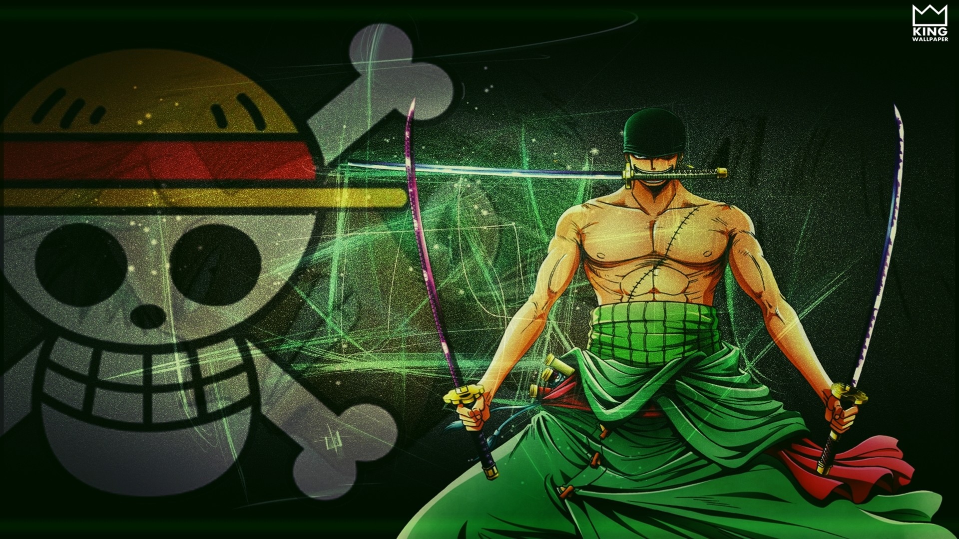 Roronoa Zoro, Jolly Roger di Cappello di Paglia, One Piece, Santoryu, Verde, sfondo per PC