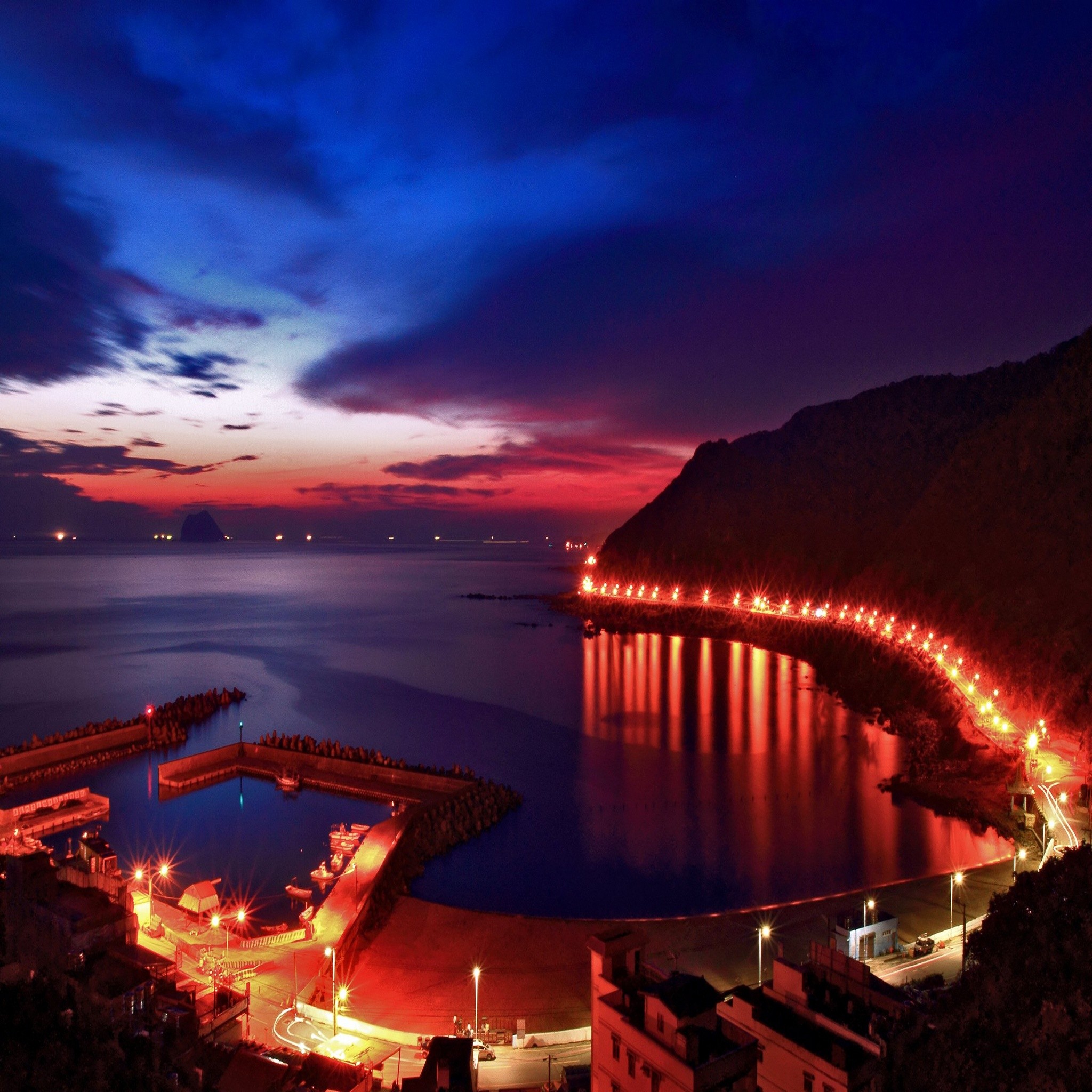 Baia, Costa, Luci notturne, Crepuscolo, wallpaper per cellulare