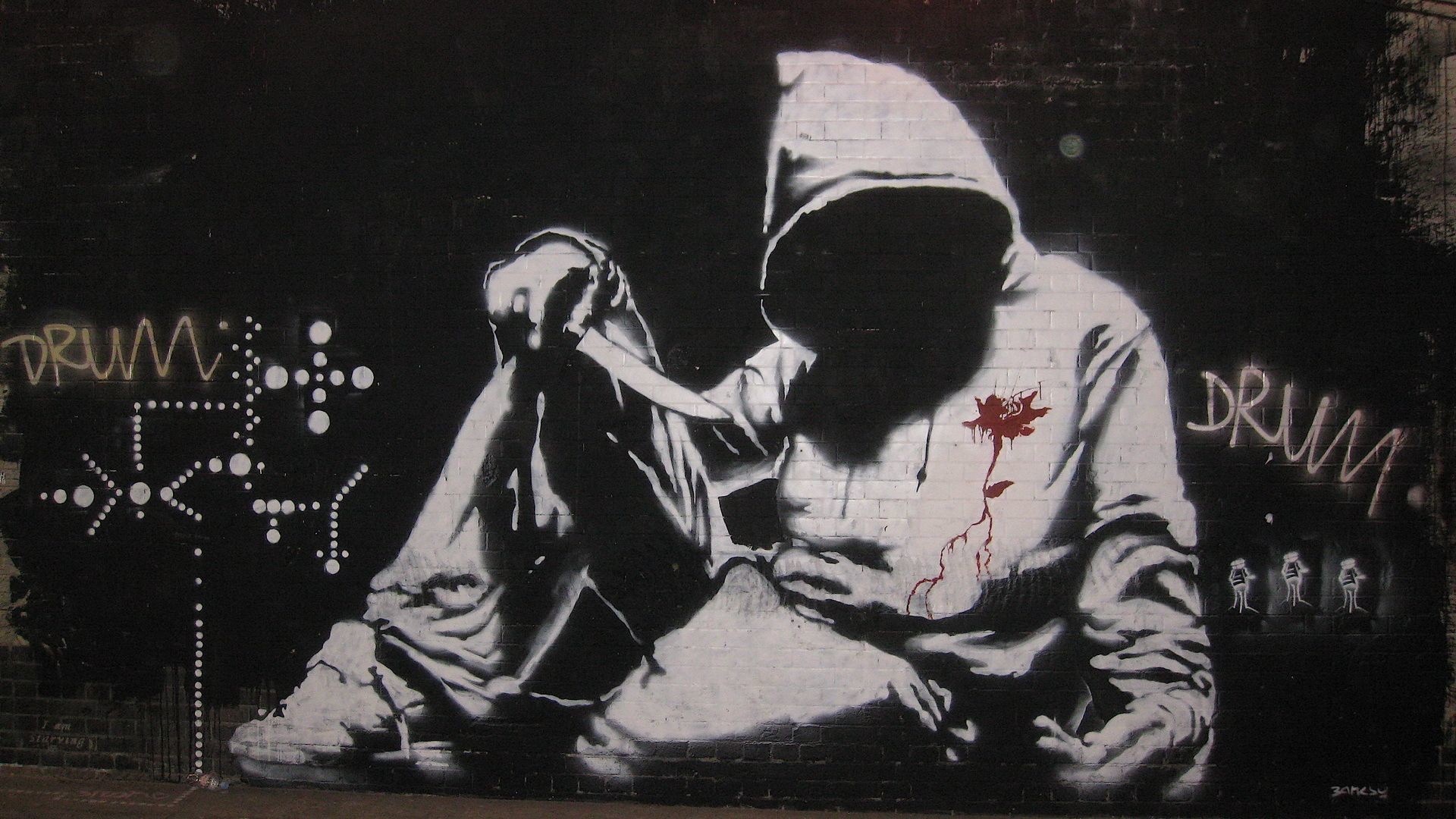 Stencil, Felpa con cappuccio, Bianco e nero, Muro, Full HD, wallpaper per PC