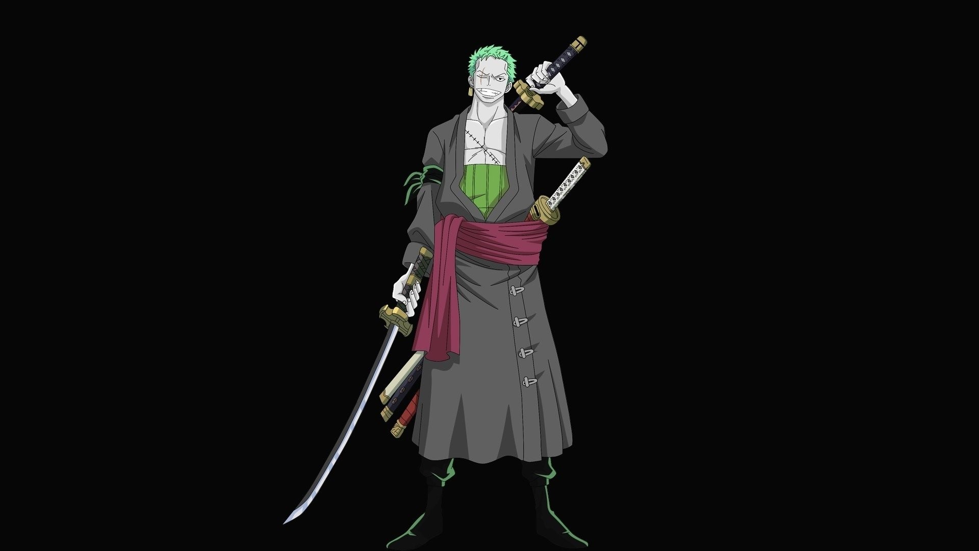 Roronoa Zoro, One Piece, Katane, Kimono, Sfondo nero, Full HD, wallpaper per portatile