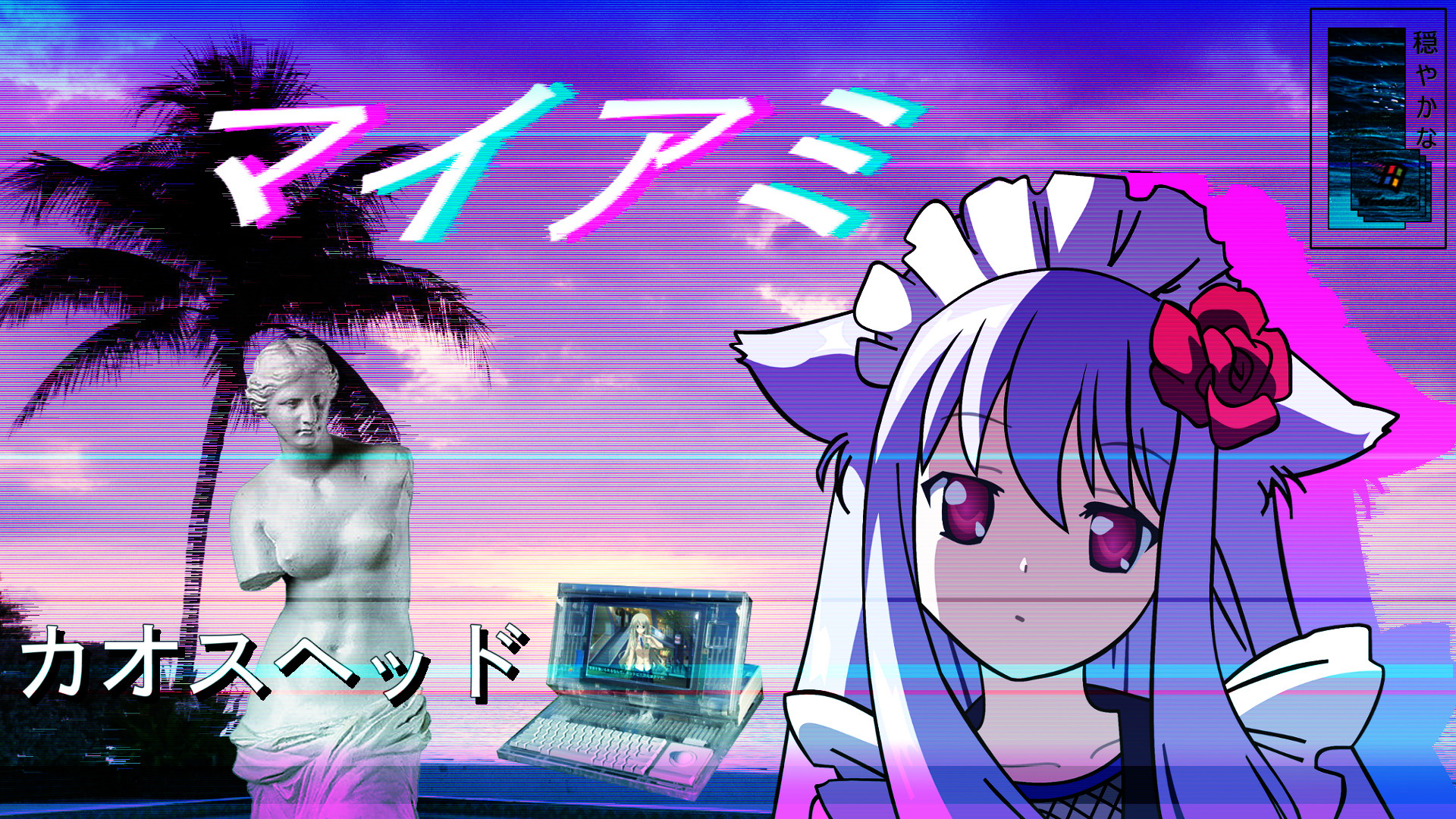 Vaporwave, Anime, Cameriera, Venere di Milo, Palma, 16:9 Full HD, sfondo widescreen