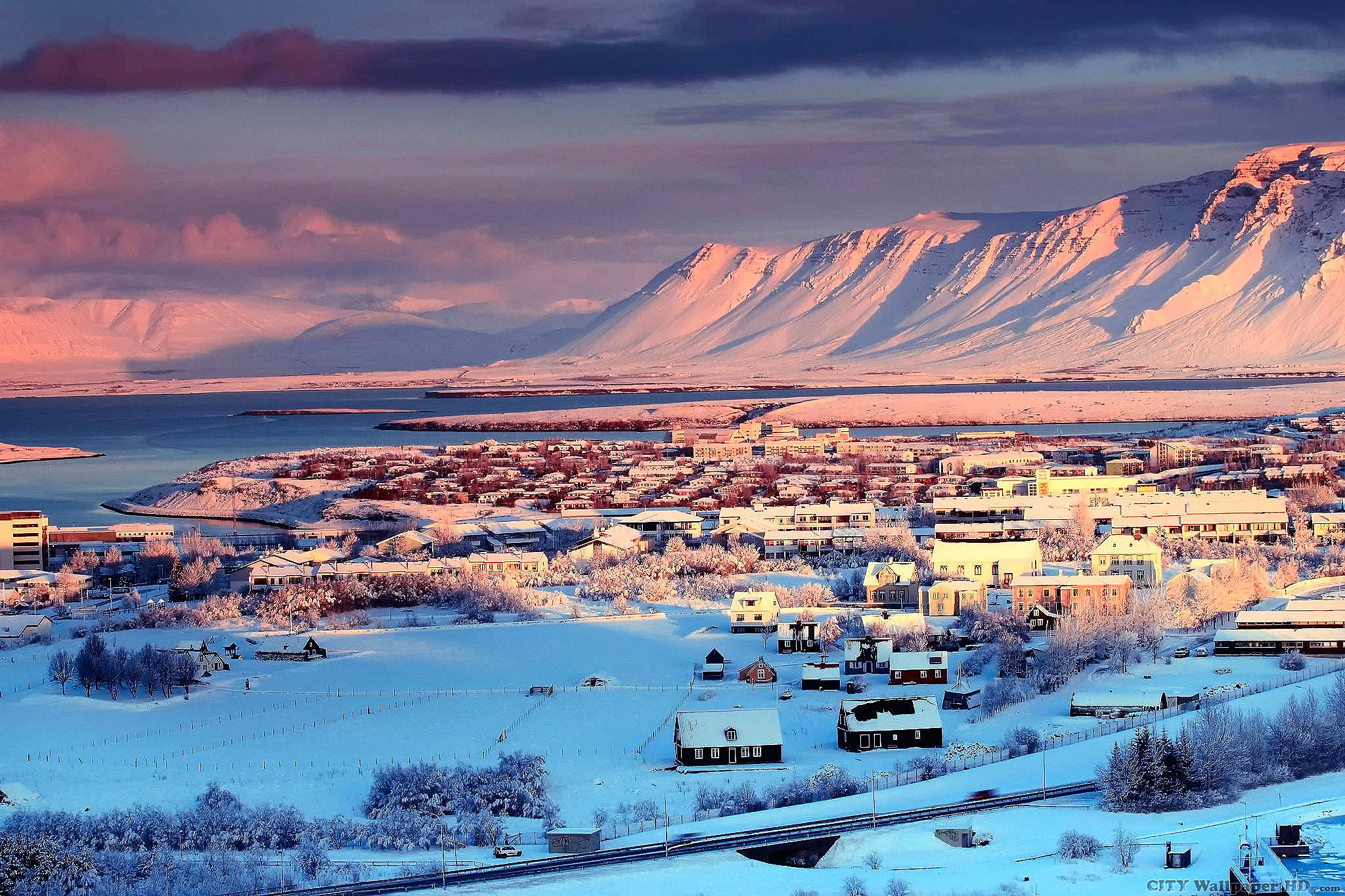Reykjavík, Islanda, Città innevata, Montagne, Inverno, Full HD, sfondo per PC