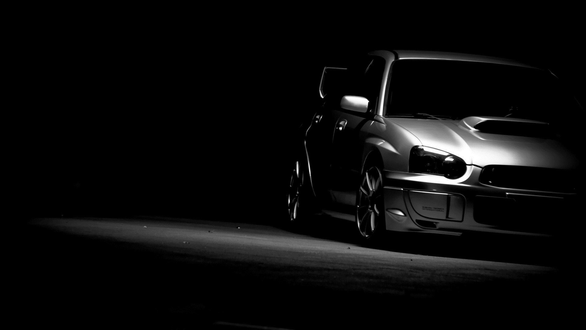 Subaru Impreza WRX STI, Sfondo nero, Bianco e nero, Full HD, wallpaper per portatile