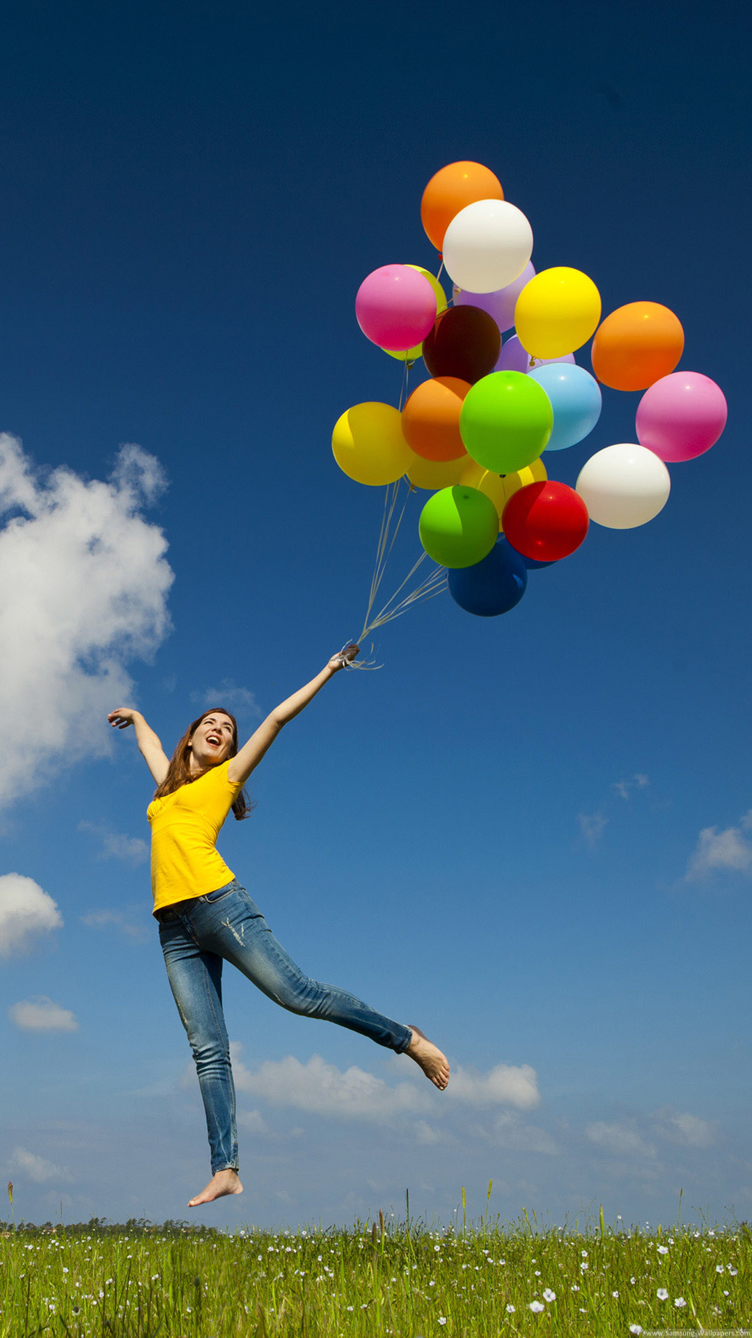 Samsung Galaxy S4, Palloncini, Ragazza, Cielo blu, Full HD, wallpaper per smartphone