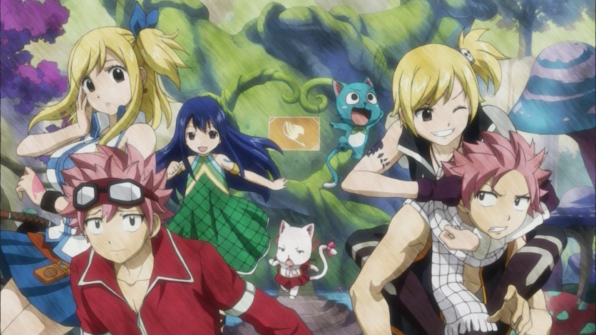 Fairy Tail, Edolas, Natsu Dragneel, Lucy Heartfilia, Wendy Marvell, Happy, sfondo 1920x1080 per PC