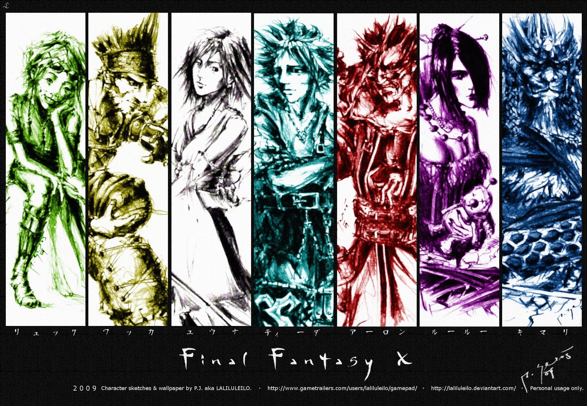 Final Fantasy X, Tidus, Yuna, Auron, Lulu, Wakka, Rikku, Kimahri, Illustrazione, sfondo Full HD