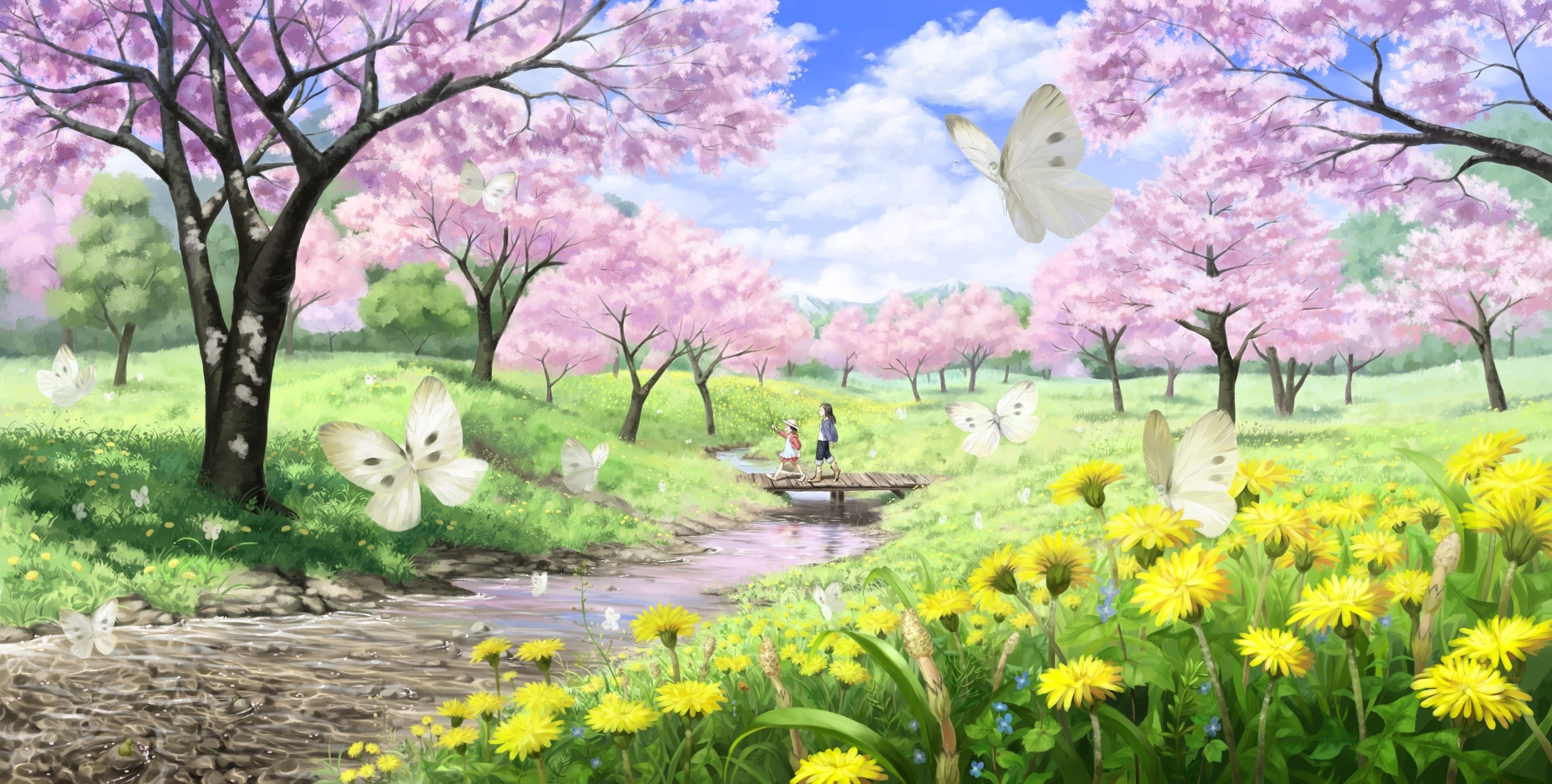 Ciliegi in fiore, Farfalle, Prato, Fiori gialli, Illustrazione, sfondo 2K per desktop