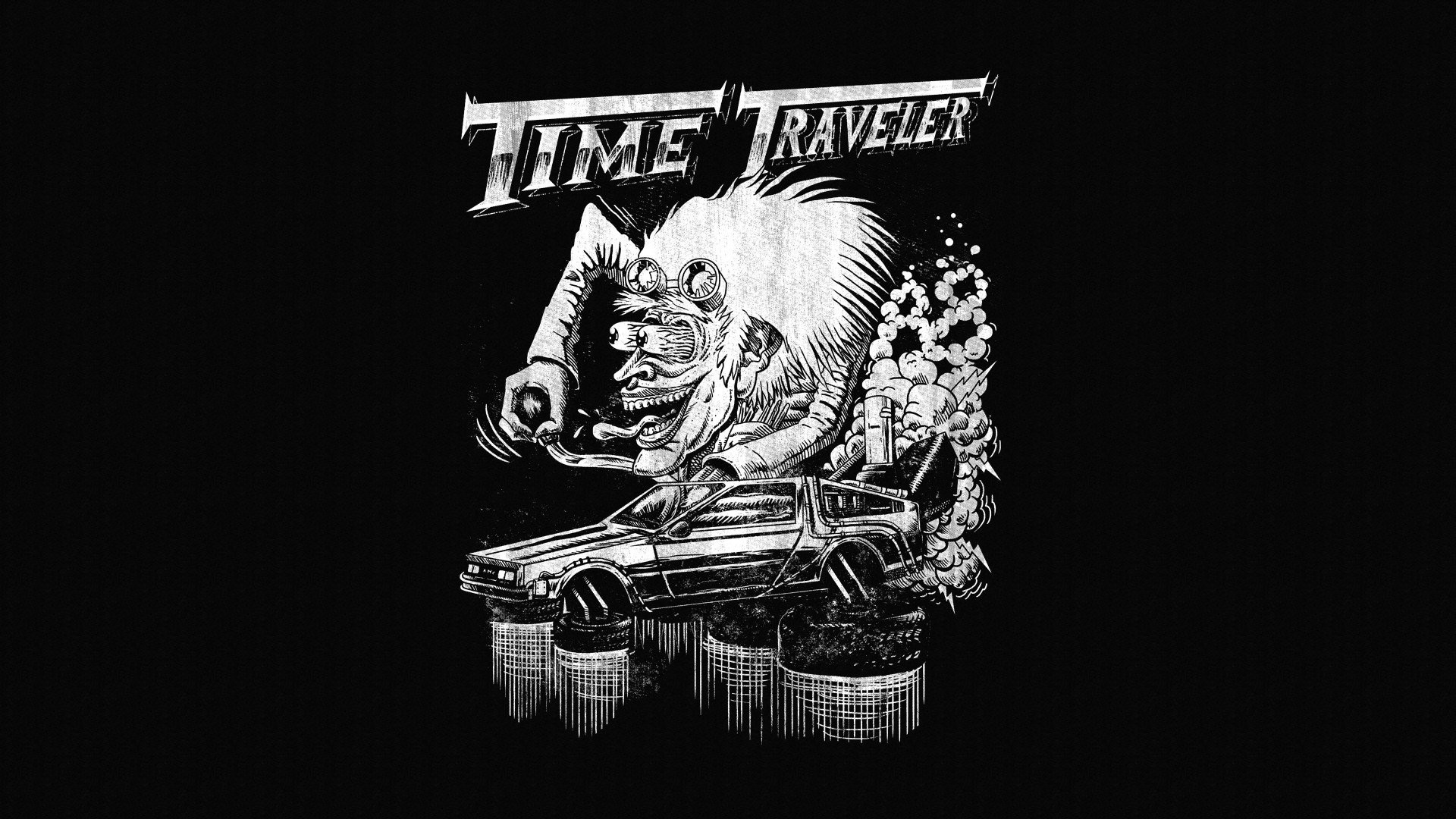 Doc Brown, Time Traveler, Ritorno al futuro, DeLorean DMC-12, Bianco e nero, sfondo 1080p