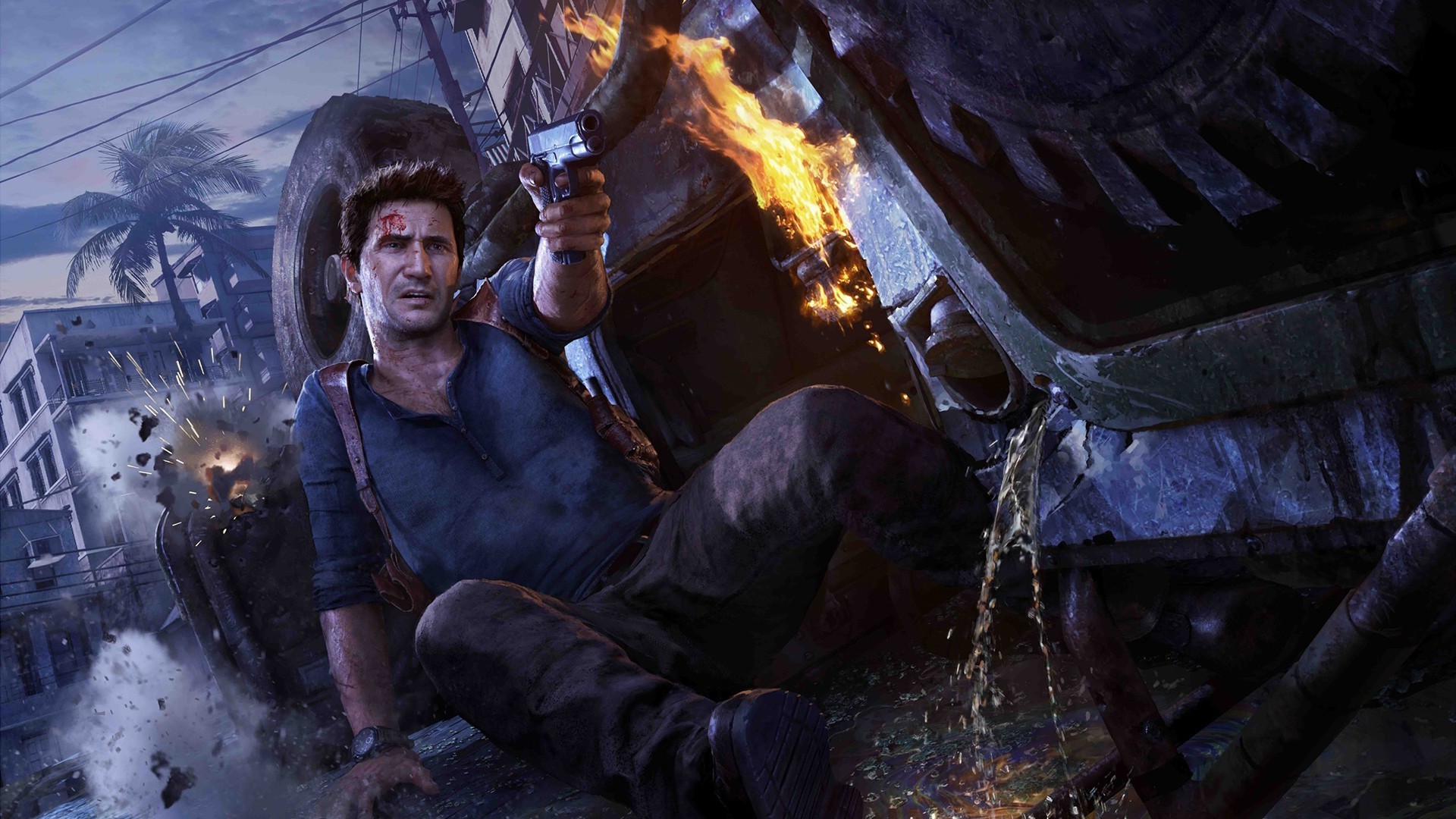 Nathan Drake, Uncharted 4, Pistola, Fiamme, Full HD, sfondo Windows 11