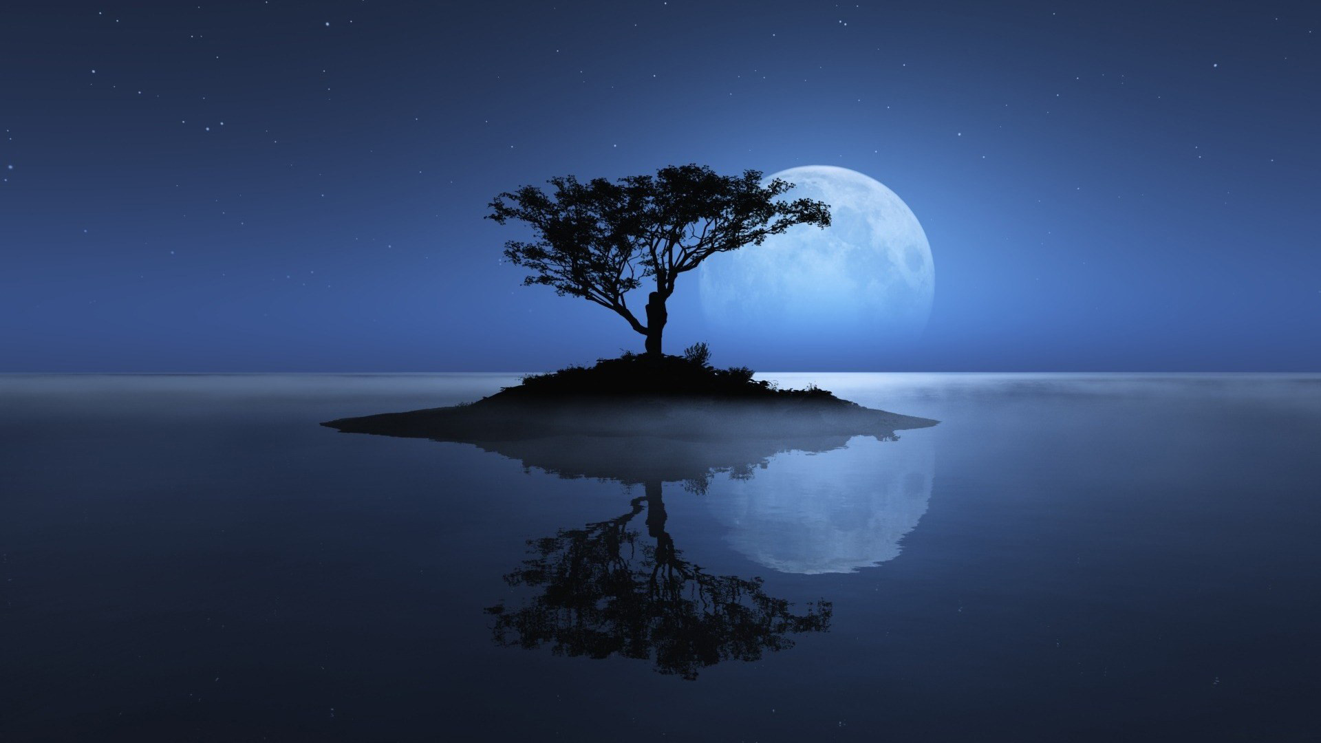 Albero solitario, Isola, Luna, Riflesso, 1920x1080, immagine di sfondo