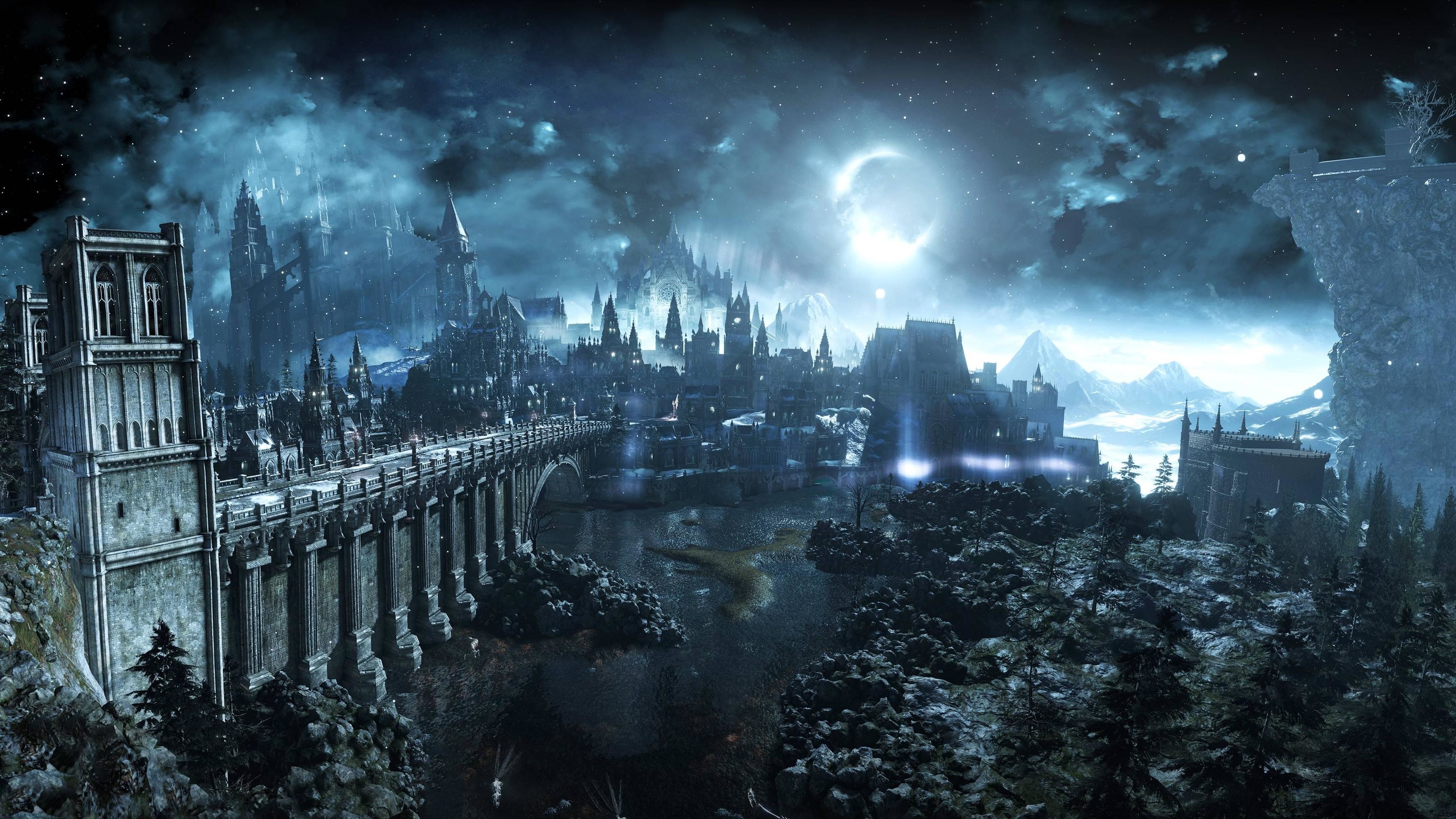 Dark Souls III, Irithyll della Valle Boreale, Luna, Ponte, Notte, sfondo Windows 11