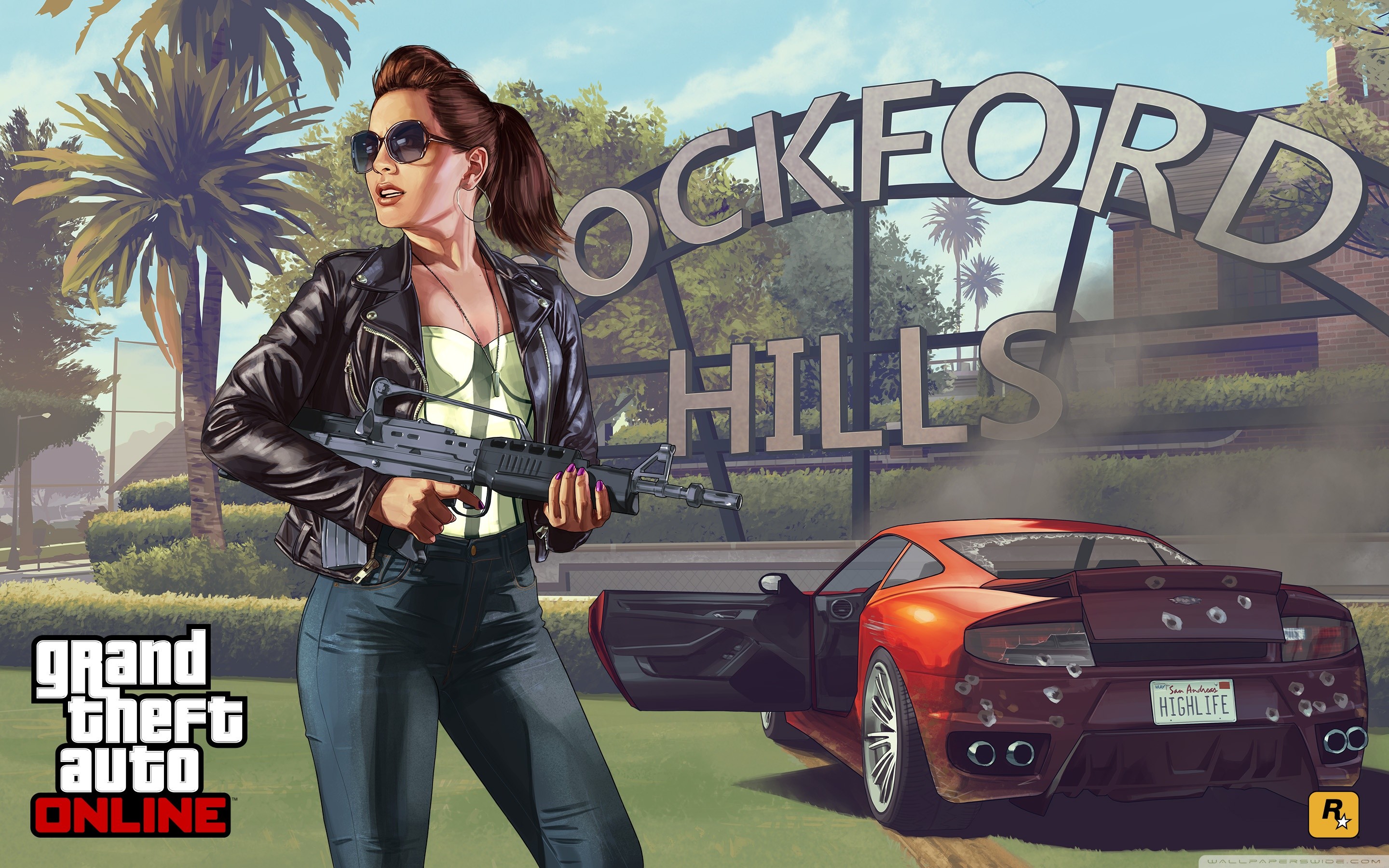 GTA Online, Rockford Hills, Grand Theft Auto V, Auto sportiva, Donna armata, sfondo 2K