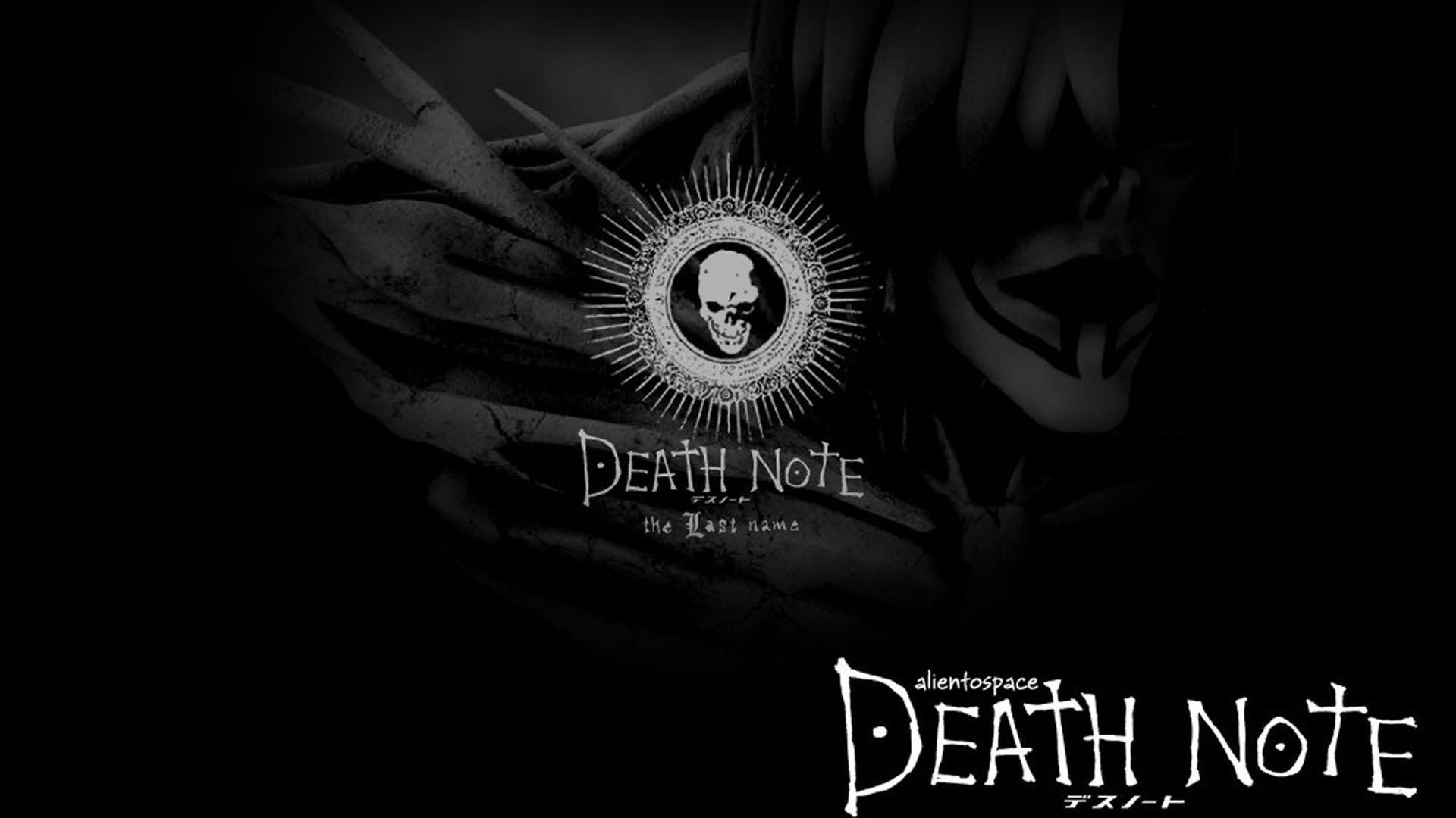 Death Note, Ryuk, Logo, Sfondo nero, Toni grigi, 1920x1080, wallpaper desktop