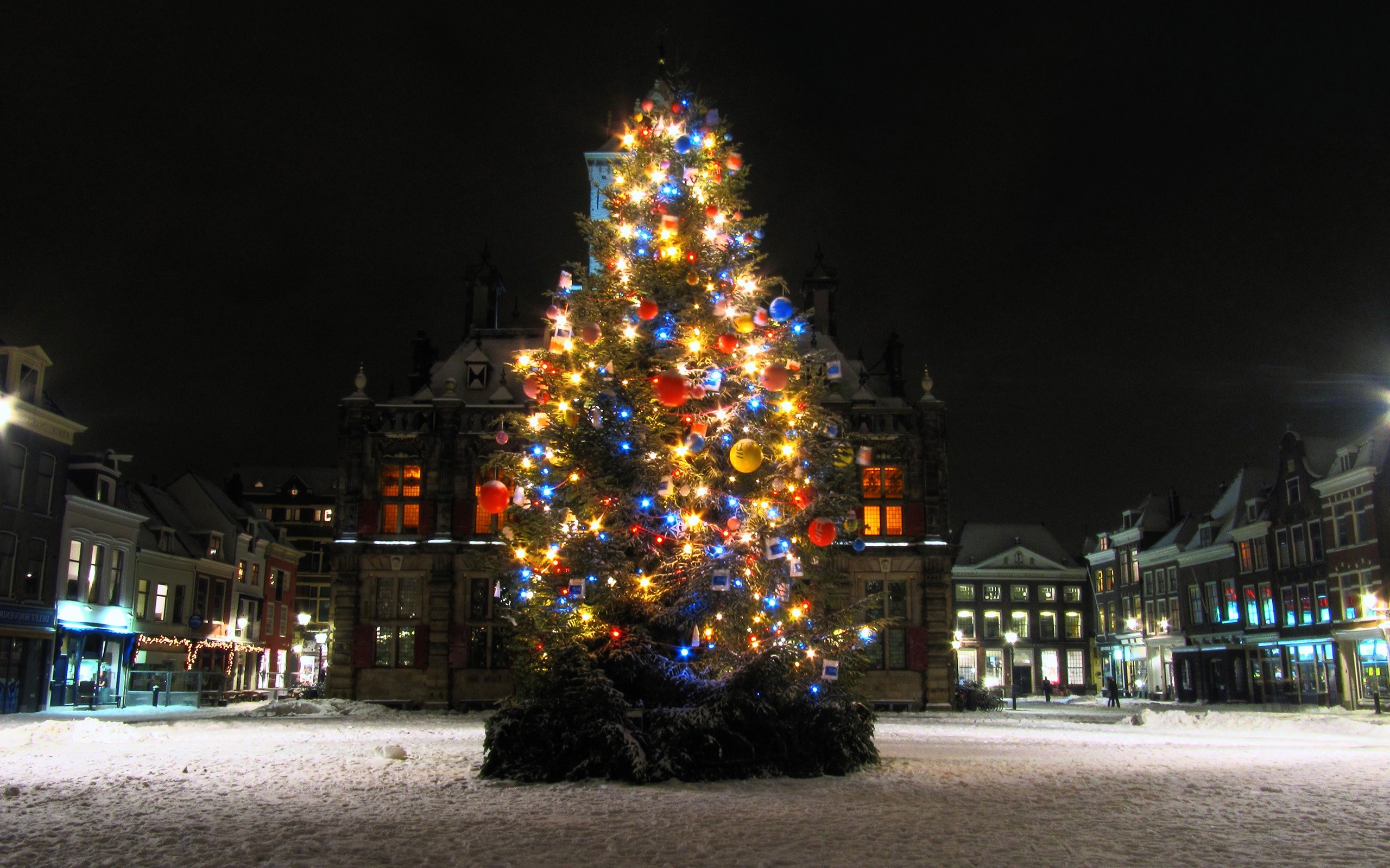 Albero di Natale, Piazza, Luci, Notte, 2K, sfondo per PC