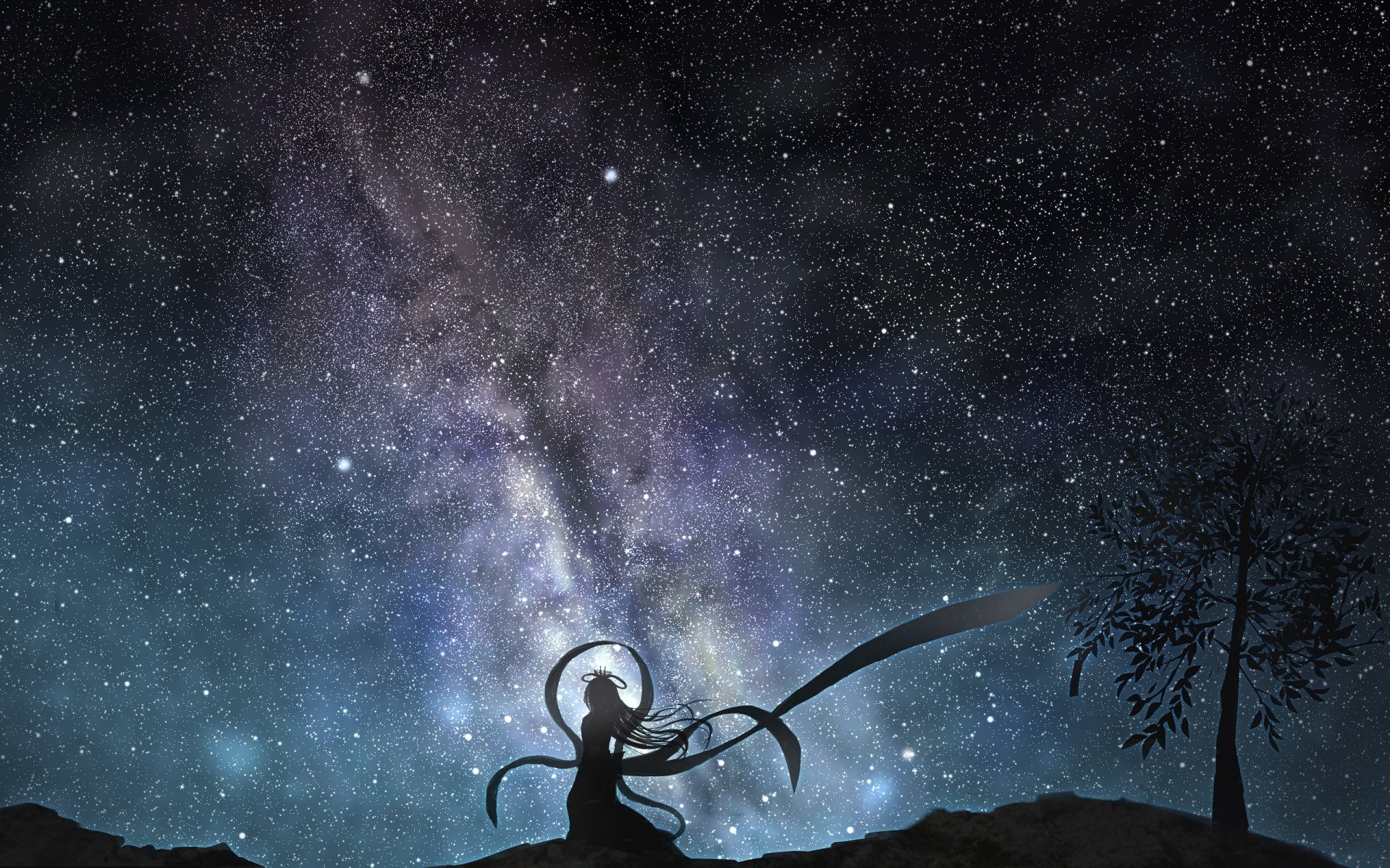 Via Lattea, Silhouette, Ragazza anime, Cielo stellato, Full HD, wallpaper per PC