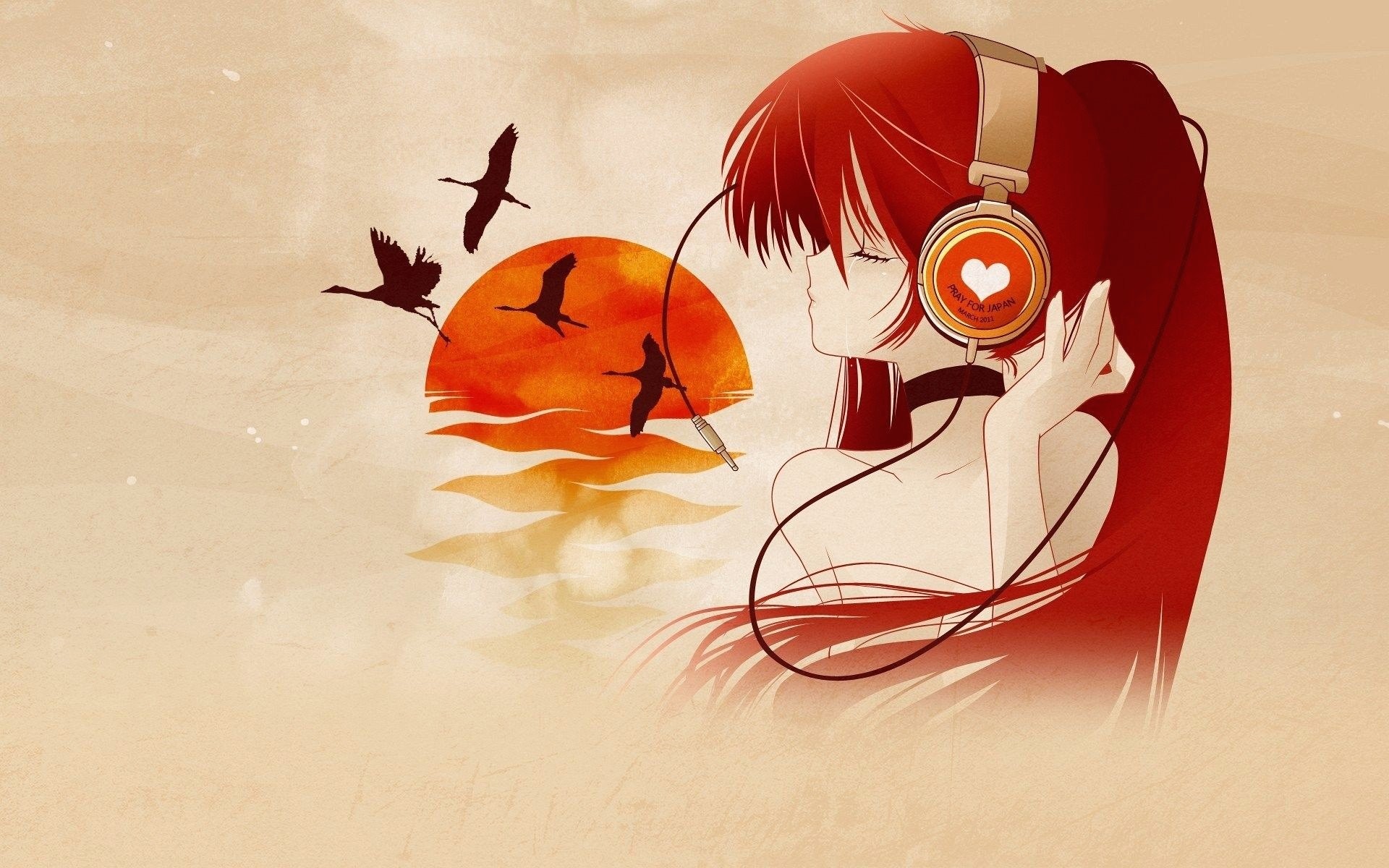 Ragazza anime, Cuffie, Capelli rossi, Tramonto, Gru, Full HD, sfondo desktop