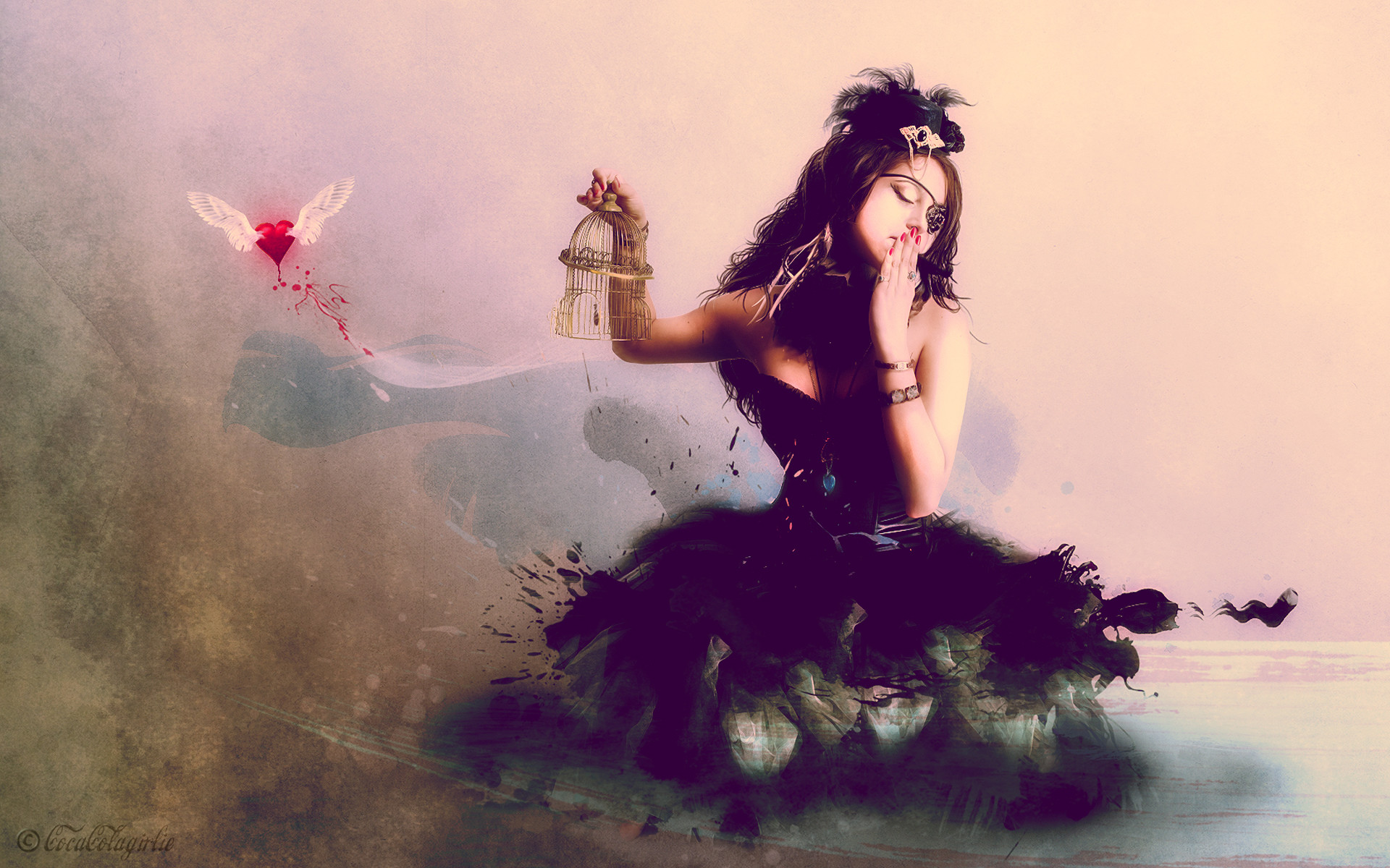 Ragazza fantasy, Gabbia, Cuore alato, Arte digitale, Full HD, sfondo per PC e portatile